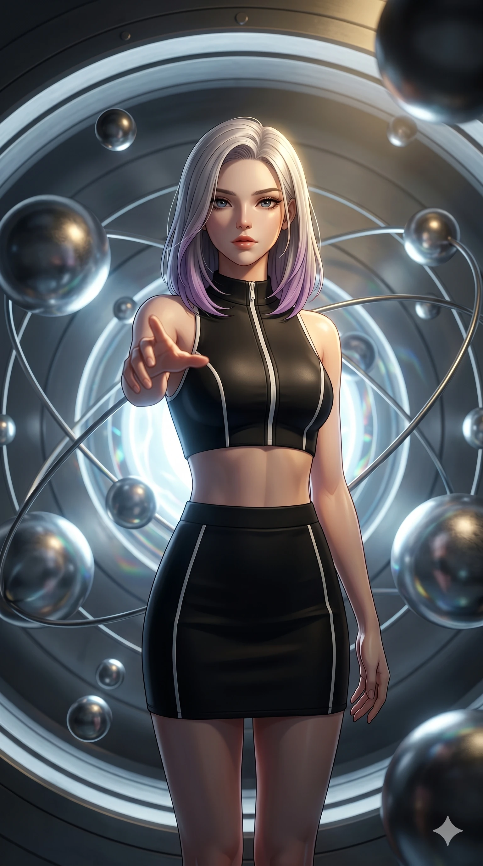 score_9, masterpiece, best quality, ultra-detailed, high-budget anime keyframe, editorial fashion photography, tasteful artistic composition, Caucasian woman, strictly human ears. cowboy shot from the thighs up, character and outfit filling the frame for maximum editorial presence. Reaching one hand toward the viewer with relaxed elegance within a circular vault where metal spheres float and spin around a central light. She has an absolutely perfect 8-heads proportion, an exceptionally tall and slender female figure with impossibly long slender legs and an ultra-slim waist. V-shaped jawline, high-bridge nose, intricate jewel-like eyes with depth, thick eyelashes, glossy lips with a natural sheen. wearing a black neoprene crop top with white piping and a front zip, paired with a matching high-waist neoprene mini skirt. lit by dramatic chiaroscuro with a single golden key light carving her facial contours and figure. 2k, ultra detail, master piece, 9:16 ratio