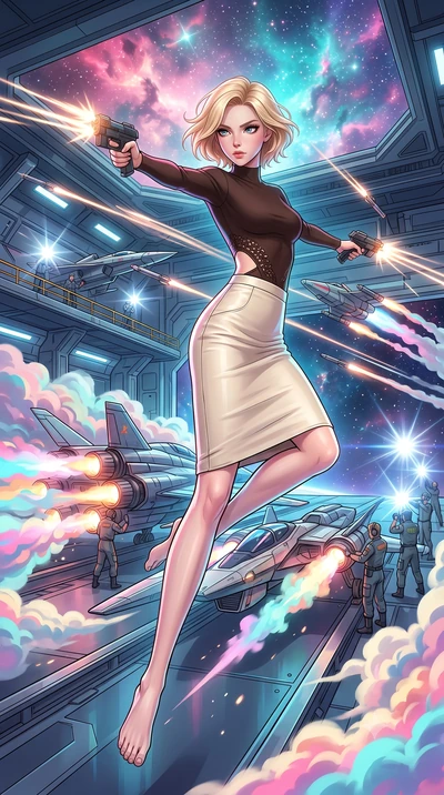score_9, masterpiece, best quality, ultra-detailed, high-budget anime keyframe, editorial fashion photography, tasteful artistic composition, Caucasian woman, strictly human ears. low angle full-body shot from head to toe showing her feet, filling th