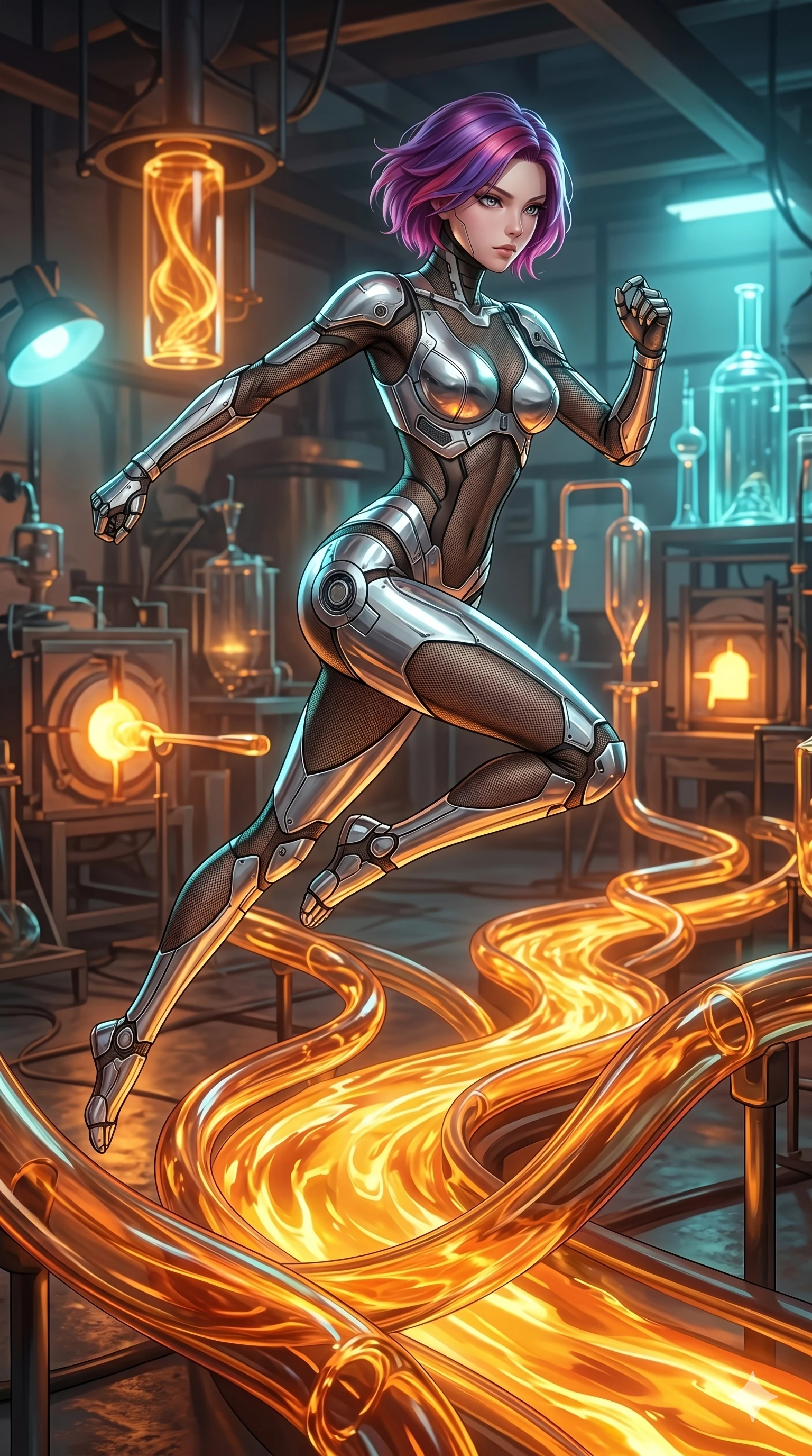 score_9, masterpiece, best quality, ultra-detailed, high-budget anime keyframe, Japanese woman. low angle full-body shot filling the entire 9:16 frame with her statuesque presence, stretching the vertical silhouette. bounding through a molten glass art studio where twisting, glowing amber glass tubes rotate like fluid rivers in a heated environment. She has an absolutely perfect 8-heads proportion, an exceptionally tall and slender female figure with impossibly long slender legs and an ultra-slim waist. V-shaped jawline, high-bridge nose, intricate jewel-like eyes with depth, thick eyelashes, glossy lips with a natural sheen.. wearing a bionic chrome plate bodysuit, featuring silver chrome plates covering the bust and hips, connected by sheer black mesh panels. showcasing a beautiful play of light and shadow, with warm golden rays clashing against cool cyan highlights. 2k, ultra detail, master piece, 9:16 ratio