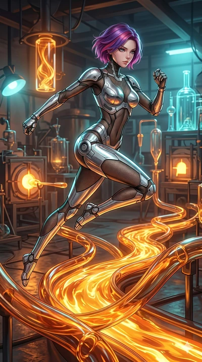 score_9, masterpiece, best quality, ultra-detailed, high-budget anime keyframe, Japanese woman. low angle full-body shot filling the entire 9:16 frame with her statuesque presence, stretching the vertical silhouette. bounding through a molten glass a