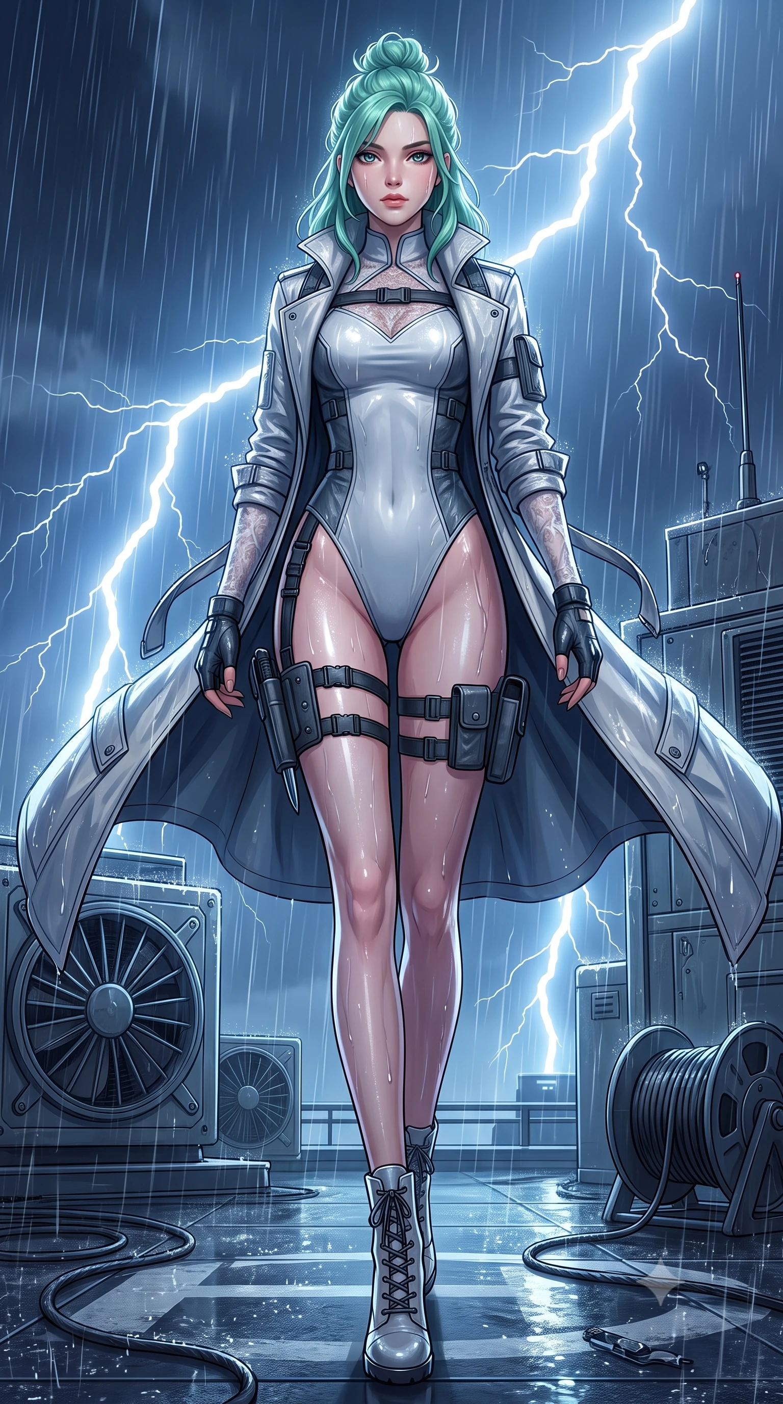 score_9, masterpiece, best quality, ultra-detailed, high-budget anime keyframe, semi-realistic 3D game render, editorial fashion photography, tasteful artistic composition, Japanese woman. low angle full-body shot from head to toe showing her feet, filling the entire 9:16 vertical frame with her statuesque presence, stretching her vertical silhouette. striding forward in a proud, dynamic supermodel runway stride, her statuesque vertical silhouette commanding the entire frame while infiltrating a torrential midnight rooftop helipad 80 stories high as lightning flashes illuminate her wet tactical trench coat. The surrounding environment is rendered in vivid detail and crisp panoramic clarity. detailed turbine exhaust grilles, grappling cable spool mechanisms, and lightning strikes in high clarity. She has an absolutely perfect, statuesque 8.5-heads proportion, an exceptionally tall and slender model-like female figure with impossibly long slender legs, a toned flat midriff, and an ultra-slim waist. sharp v-shaped jawline, high-bridge nose, intricate jewel-like eyes with depth, thick eyelashes, glossy lips with a natural sheen, captivating and magnetic expression, flawlessly proportioned anatomical accuracy, strict slender model proportions, natural body alignment, perfectly sculpted long slender limbs, ultra-slim waistline, clean dynamic posture without body distortion. wearing an elite assassin velvet-and-leather hybrid bodysuit with sheer lace sleeves and dagger sheath garter in winter stealth arctic white and slate grey, crafted from flexible ballistic matte leather and ultra-sleek stretch neoprene, complemented by tactical fingerless combat gloves and stiletto combat boots, the liquid-tight tailored fabric emphasizing every curve of her tall, slender model proportions and sculptured silhouette during dynamic movement. surrounded by an indomitable, dangerous, and breathtakingly cinematic lone infiltration specialist aura. highly saturated vibrant anime colors, detailed shading with soft gradients, rich glossy textures, high-contrast stereoscopic depth, volumetric dynamic lighting, master piece, 9:16 ratio