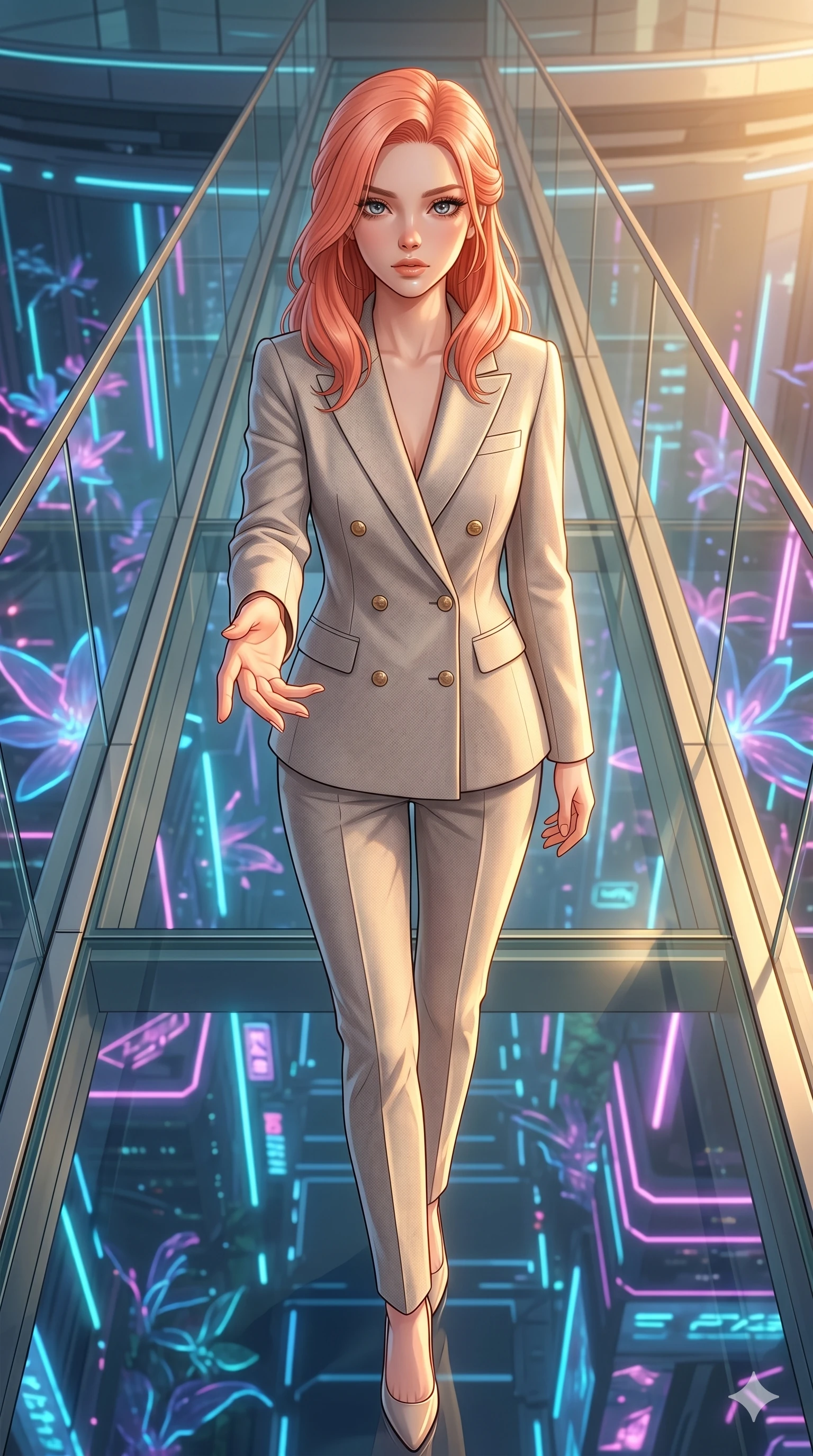 score_9, masterpiece, best quality, ultra-detailed, high-budget anime keyframe, editorial fashion photography, tasteful artistic composition, Japanese woman. cowboy shot from the thighs up, character and outfit filling the frame for maximum editorial presence. reaching one hand toward the viewer with relaxed elegance, her eyes filled with quiet magnetic intensity on a high-tech glass catwalk overlooking a neon-lit cybernetic orchid valley (Code-P17-002). She has an absolutely perfect 8-heads proportion, an exceptionally tall and slender female figure with impossibly long slender legs and an ultra-slim waist. V-shaped jawline, high-bridge nose, intricate jewel-like eyes with depth, thick eyelashes, glossy lips with a natural sheen. wearing a tailored double-breasted blazer with smart matching trousers. bathed in warm, golden afternoon sunbeams creating soft specular highlights on her smooth skin. 2k, ultra detail, master piece, 9:16 ratio