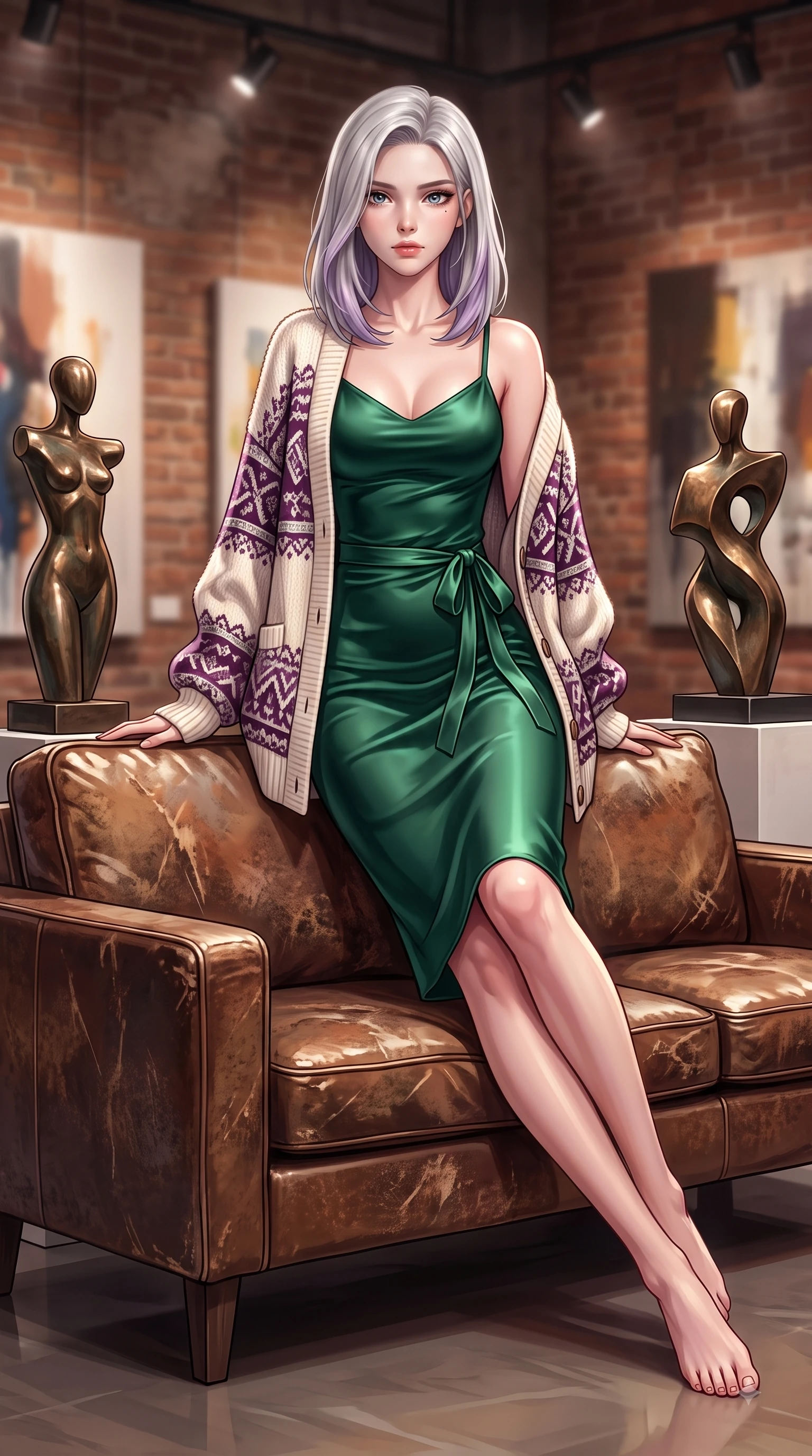 score_9, masterpiece, best quality, ultra-detailed, high-budget anime keyframe, editorial fashion photography, tasteful artistic composition, Caucasian woman. low angle full-body shot from head to toe showing her feet, filling the entire 9:16 vertical frame with her statuesque presence, stretching her vertical silhouette. Heart-tugging melancholic glance with a subtle drop of emotion in her eyes and a quiet wistful posture while resting on a leather vintage sofa flanked by modern bronze sculptures. The composition keeps background elements in soft focus with dreamy bokeh. abstract artwork canvases and warm brick gallery walls blurred into cozy industrial bokeh. She has an absolutely perfect, statuesque 8.5-heads proportion, an exceptionally tall and slender model-like female figure with impossibly long slender legs and an ultra-slim waist. sharp v-shaped jawline, high-bridge nose, intricate jewel-like eyes with depth, thick eyelashes, glossy lips with a natural sheen, flawlessly proportioned anatomical accuracy, natural body alignment, perfectly sculpted elegant limbs, clean dynamic posture without body distortion. wearing a rich emerald green satin slip dress layered under a plush cream cardigan in rich plum violet and metallic platinum, tailored from crisp high-density cotton poplin, accented with a delicate side waist sash creating fluid lines, the sleek second-skin fit accentuating her magnetic presence. illuminated by crisp gallery spotlights and rich mahogany ambient glow. highly saturated vibrant anime colors, detailed shading with soft gradients, rich glossy textures, high-contrast stereoscopic depth, volumetric dynamic lighting, master piece, 9:16 ratio