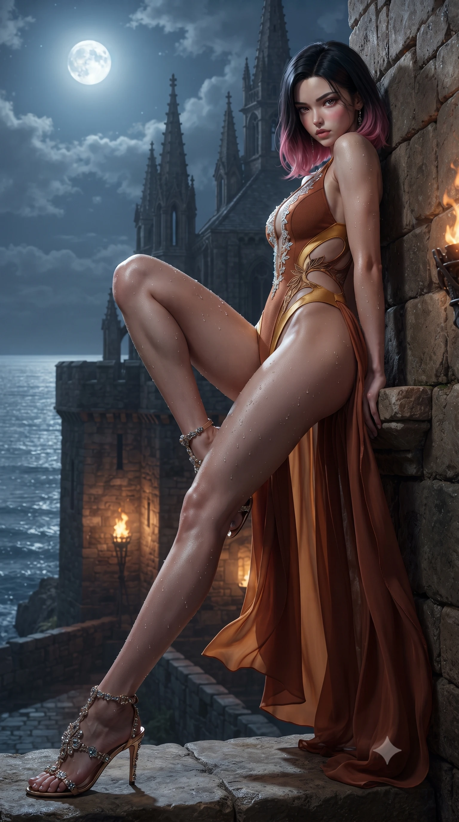 score_9, masterpiece, best quality, ultra-detailed, high-budget anime keyframe, editorial fashion photography, tasteful artistic composition, Korean woman. low angle full-body shot from head to toe showing her feet, filling the entire 9:16 vertical frame with her statuesque presence, stretching her vertical silhouette. reclining on her side in an elegant Cleopatra pose with one knee drawn up, the dramatic contour of her rounded hips and long slender legs commanding the 9:16 vertical frame while leaning deep against the fortress stone embrasure with hips cocked back, looking back over her bare shoulder with fierce, intoxicating allure. The surrounding environment is rendered in vivid detail and crisp panoramic clarity. detailed wind-whipped silk dress folds, sea spray beads on skin, and Gothic abbey pinnacles in high clarity. She has an exceptionally tall and slender model-like 8.5-heads proportion, an ultra-slim waist, a flat toned midriff, narrow delicate ribcage, and beautifully sculpted feminine hips creating a graceful, slim hourglass silhouette without any bulky heaviness, with impossibly long slender legs. sharp v-shaped jawline, high-bridge nose, intricate jewel-like eyes with depth, thick eyelashes, glossy parted lips with a natural sheen, intensely captivating and seductive bedroom-eyes expression, flawlessly proportioned anatomical accuracy, strict slender model proportions, natural body alignment, perfectly sculpted long slender limbs, ultra-slim waistline, clean dynamic posture without body distortion. wearing a botanical cutout monokini with organic leaf-curve side openings and high-cut hip bands in molten desert gold and burnt terracotta, tailored from water-resistant treated wool gabardine and flexible stretch silk, finished with delicate crystal frost embroidery tracing the plunging neckline, the glove-like aerodynamic silhouette tightly following the natural contour of her hips and long slender legs with statuesque 8.5-heads elegance. bathed in cool silver full-moon light reflecting off the sea and warm amber fortress torchlight. ultra-reflective glossy finish, specular highlights, rich textural contrasts, high-contrast stereoscopic depth, volumetric dynamic lighting, 2k, ultra detail, master piece, 9:16 ratio