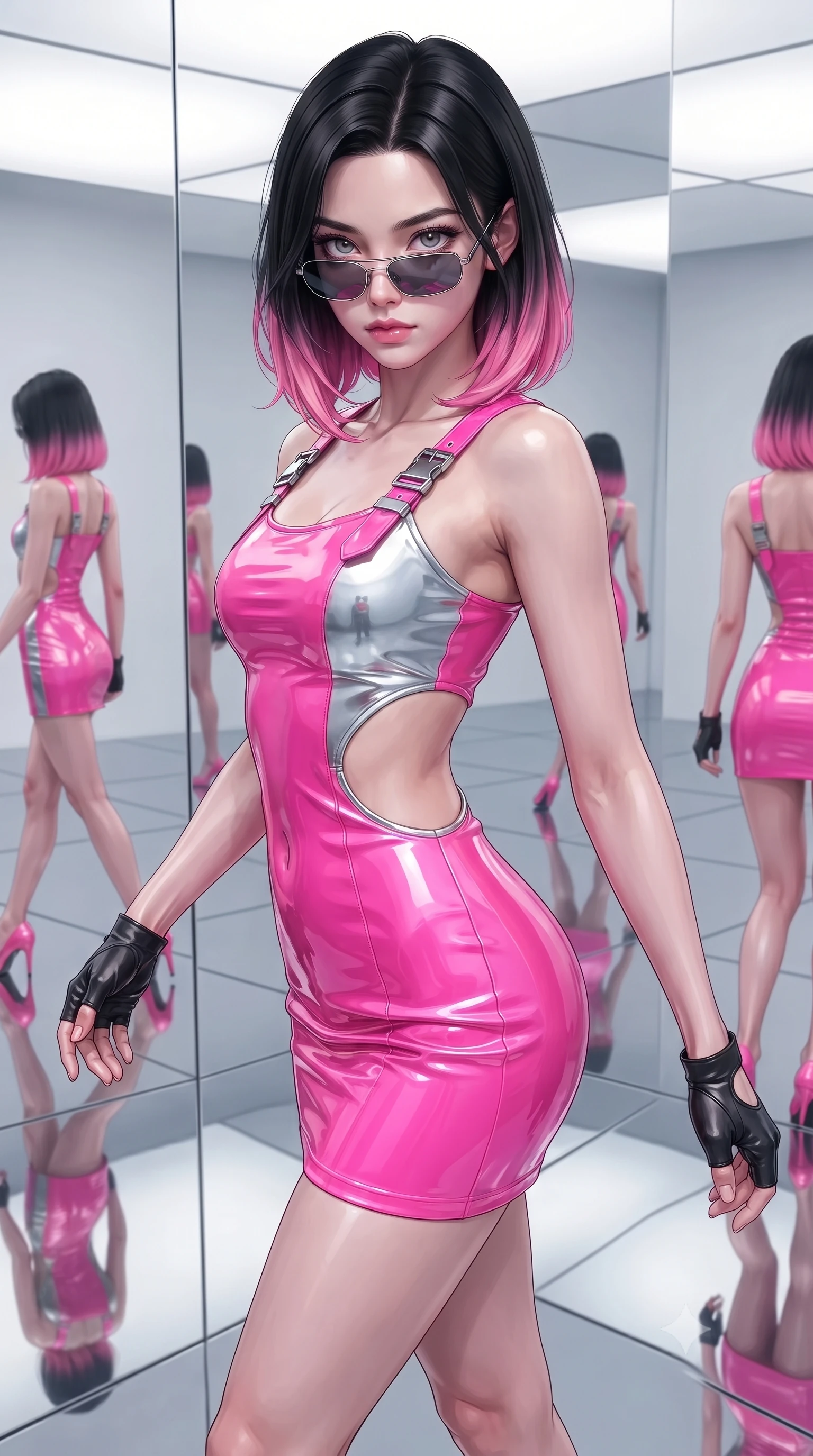 score_9, masterpiece, best quality, ultra-detailed, high-budget anime keyframe, editorial fashion photography, tasteful artistic composition, Korean woman. close-up cowboy shot from the waist and thighs up, the character dominates the composition, filling the frame with her large presence. radiating intense magnetic charisma with jewel-like eyes locked onto the viewer, her upper body turning in a dynamic, fluid S-curve while pivoting gracefully on a mirrored floor as infinite reflections of light and color surround her slender frame. The surrounding environment is rendered in vivid detail and crisp panoramic clarity. ultra-modern minimalist gallery chiaroscuro and precision-engineered light art aesthetics in sharp focus. She has an exceptionally elegant, slender, and willowy female figure with an ultra-slim waist, a gracefully sculpted slender torso, toned flat midriff, and a refined slim silhouette. sharp v-shaped jawline, high-bridge nose, intricate jewel-like eyes with depth, thick eyelashes, glossy lips with a natural sheen, captivating and magnetic expression, flawlessly proportioned anatomical accuracy, strict slender model proportions, natural body alignment, perfectly sculpted long slender limbs, ultra-slim waistline, clean dynamic posture without body distortion. wearing a high-gloss vinyl mini dress accented with industrial buckle straps and side-waist cutouts in bright cyber pink and chrome silver, tailored from second-skin aerodynamic stretch vinyl with specular sheen, accessorized with retro futuristic sunglasses and fingerless leather gloves, the glove-like aerodynamic second-skin fit tightly clinging to her ultra-slender waist and athletic curves without adding bulk, accentuating her razor-sharp statuesque lines and slim hourglass silhouette. surrounded by a cutting-edge, avant-garde, and mesmerizingly stylish future-fashion muse aura. ultra-reflective glossy finish, specular highlights, rich textural contrasts, high-contrast stereoscopic depth, volumetric dynamic lighting, 2k, ultra detail, master piece, 9:16 ratio