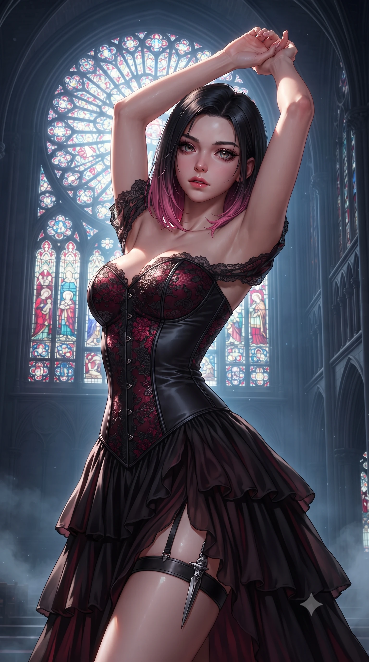 score_9, masterpiece, best quality, ultra-detailed, high-budget anime keyframe, editorial fashion photography, tasteful artistic composition, Korean woman. close-up cowboy shot from the waist and thighs up, the character dominates the composition, filling the frame with her large presence. arching her back languidly with arms stretching overhead, highlighting her narrow waist and feminine silhouette in pure supermodel elegance while arching her back in an alluring dance-like pause as moonlight pours through a colossal rose stained-glass window. The surrounding environment is rendered in vivid detail and crisp panoramic clarity. detailed leaded stained-glass patterns, silk dress hem embroidery, and mist layers in high resolution. She has an exceptionally elegant, slender, and willowy female figure with an ultra-slim waist, a gracefully sculpted slender torso, toned flat midriff, and a refined slim silhouette. sharp v-shaped jawline, high-bridge nose, intricate jewel-like eyes with depth, thick eyelashes, glossy parted lips with a natural sheen, intensely captivating and seductive expression, flawlessly proportioned anatomical accuracy, strict slender model proportions, natural body alignment, perfectly sculpted long slender limbs, ultra-slim waistline, clean dynamic posture without body distortion. wearing an off-shoulder Victorian corset bodice dress paired with a tiered gathered chiffon slit skirt in midnight obsidian black and blood crimson, formed from shimmering floral lace over smooth opaque silk lining, equipped with a concealed dagger sheath garter under her slit skirt, the form-contouring material adhering flawlessly to her sculpted flat midriff and slender torso, emphasizing her long leg lines and perfectly proportioned willowy build. surrounded by an immortal, transcendent, and breathtakingly majestic gothic siren aura. ultra-reflective glossy finish, specular highlights, rich textural contrasts, high-contrast stereoscopic depth, volumetric dynamic lighting, 2k, ultra detail, master piece, 9:16 ratio
