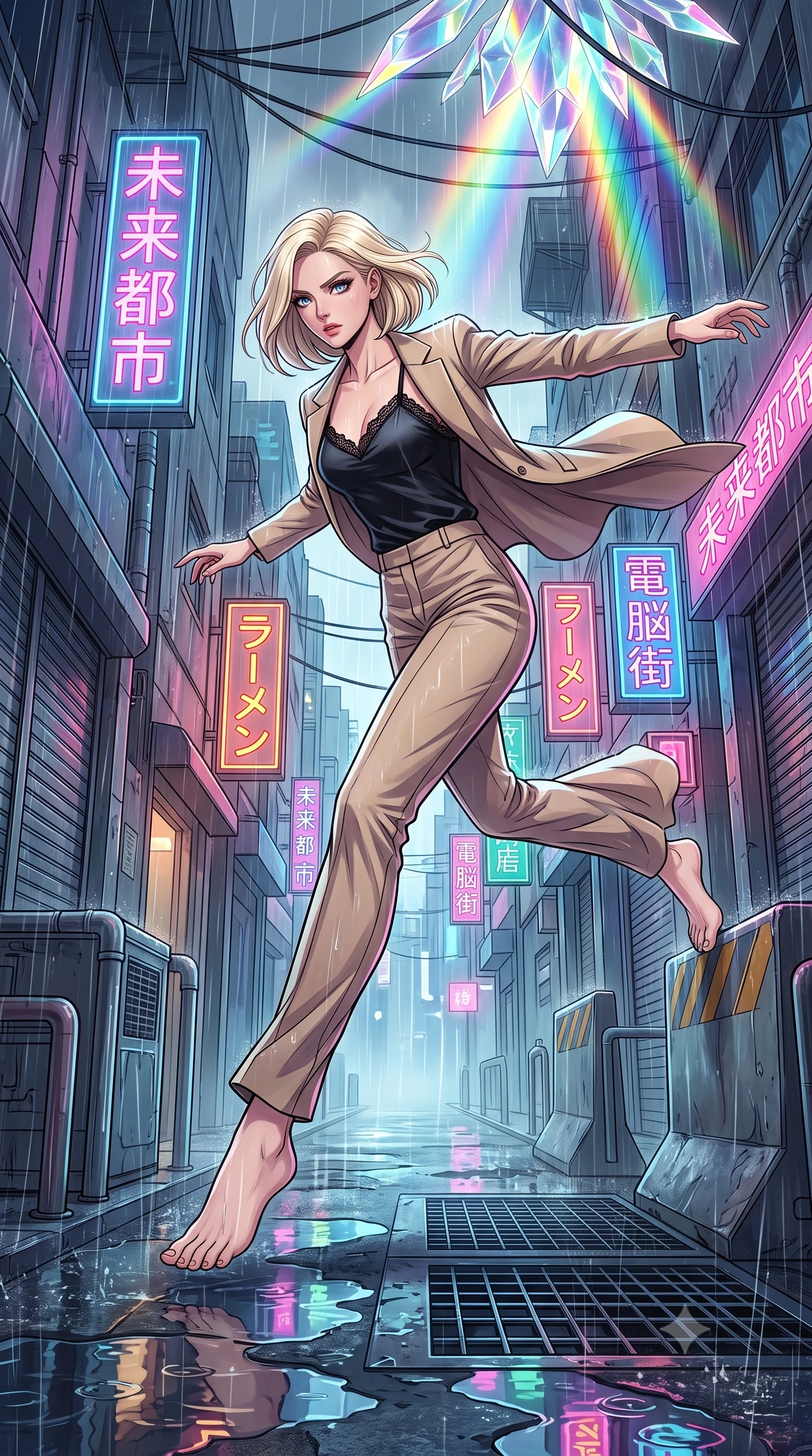 score_9, masterpiece, best quality, ultra-detailed, high-budget anime keyframe, clean line-art, cel-shading, Caucasian woman, strictly human ears. low angle full-body shot from head to toe showing her feet, filling the entire 9:16 vertical frame with her statuesque presence, stretching her vertical silhouette. vaulting over architectural obstacles with acrobatic grace and fierce determination through a narrow futuristic backstreet during heavy rain, neon signs in Japanese letters reflecting in pools of oily water. She has a statuesque 8.5-heads proportion, an exceptionally tall, slender and willowy model-like build with impossibly long legs and a highly sculpted ultra-slim waist. sharp v-shaped jawline, high-bridge nose, intricate jewel-like eyes with depth, thick eyelashes, glossy lips with a natural sheen. wearing the lightweight fabric rippling and billowing dramatically with her movement, a tailored black fine lace-trimmed satin camisole layered under a structured beige blazer, paired with tailored pencil pants. cascading rainbow prismatic light refracting through crystal formations overhead. highly saturated vibrant anime colors, intense vivid color palette, volumetric dynamic lighting, 2k, ultra detail, master piece, 9:16 ratio