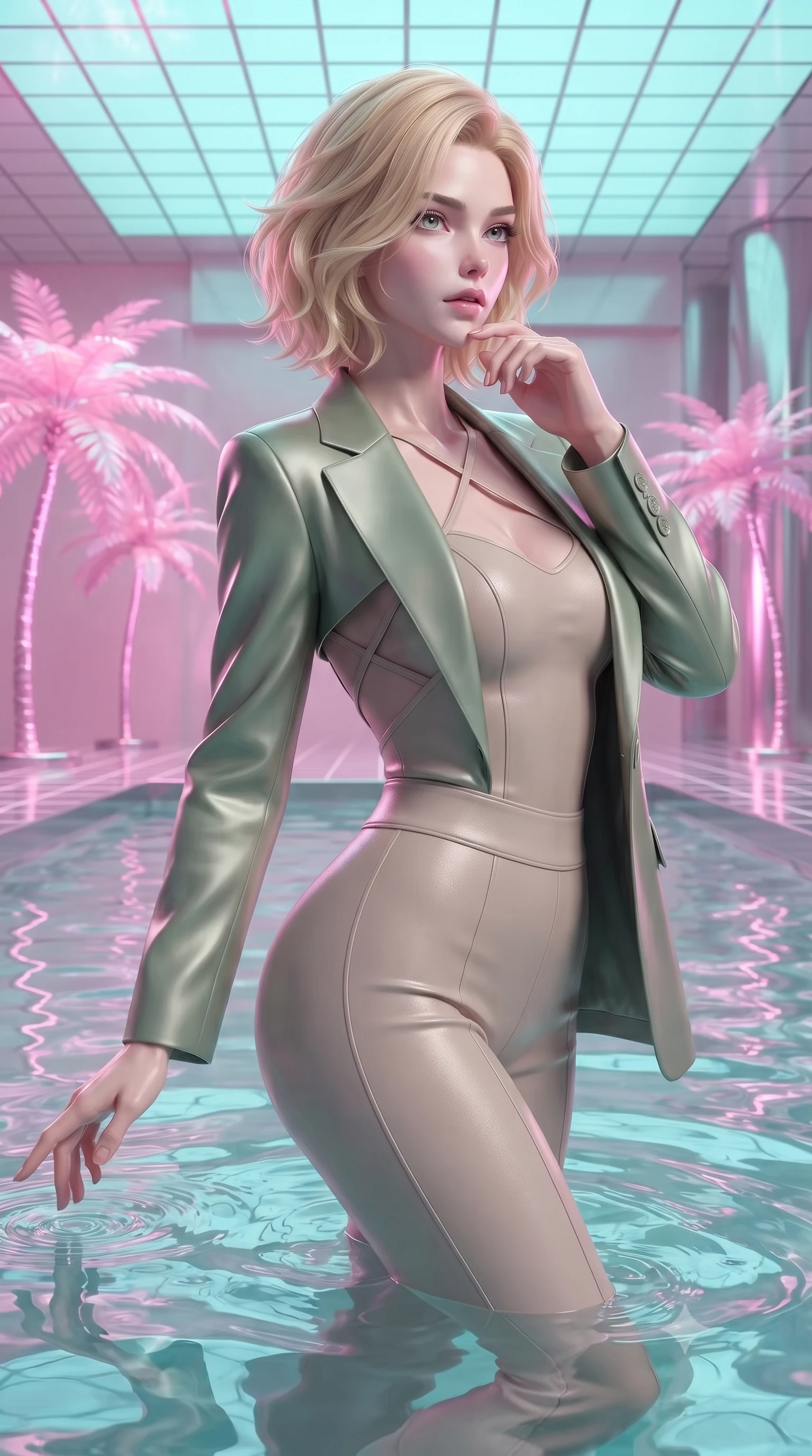 score_9, masterpiece, best quality, ultra-detailed, high-budget anime keyframe, editorial fashion photography, tasteful artistic composition, Caucasian woman. close-up cowboy shot from the waist and thighs up, the character dominates the composition, filling the frame with her large presence, background elements kept in soft focus. Gazing past the camera with an air of effortless elegance and mysterious confidence floating in a surreal pool surrounded by pink neon palm trees and grid floors, lo-fi synthwave grid patterns running across floor and ceiling. She has an exceptionally elegant, slender, and willowy female figure with an ultra-slim waist, a gracefully sculpted slender torso, and a refined silhouette. sharp v-shaped jawline, high-bridge nose, intricate jewel-like eyes with depth, thick eyelashes, glossy lips with a natural sheen. wearing a tailored silk blazer over a form-contouring top and fitted slacks in sage green and oatmeal, formed from sleek second-skin neoprene, complemented by criss-cross back straps highlighting her bare shoulders, the form-contouring material highlighting her ultra-slim waist and long lines. bathed in soft pastel pink and turquoise neon glow with glossy chrome reflections. highly saturated vibrant anime colors, detailed shading with soft gradients, rich glossy textures, high-contrast stereoscopic depth, volumetric dynamic lighting, master piece, 9:16 ratio