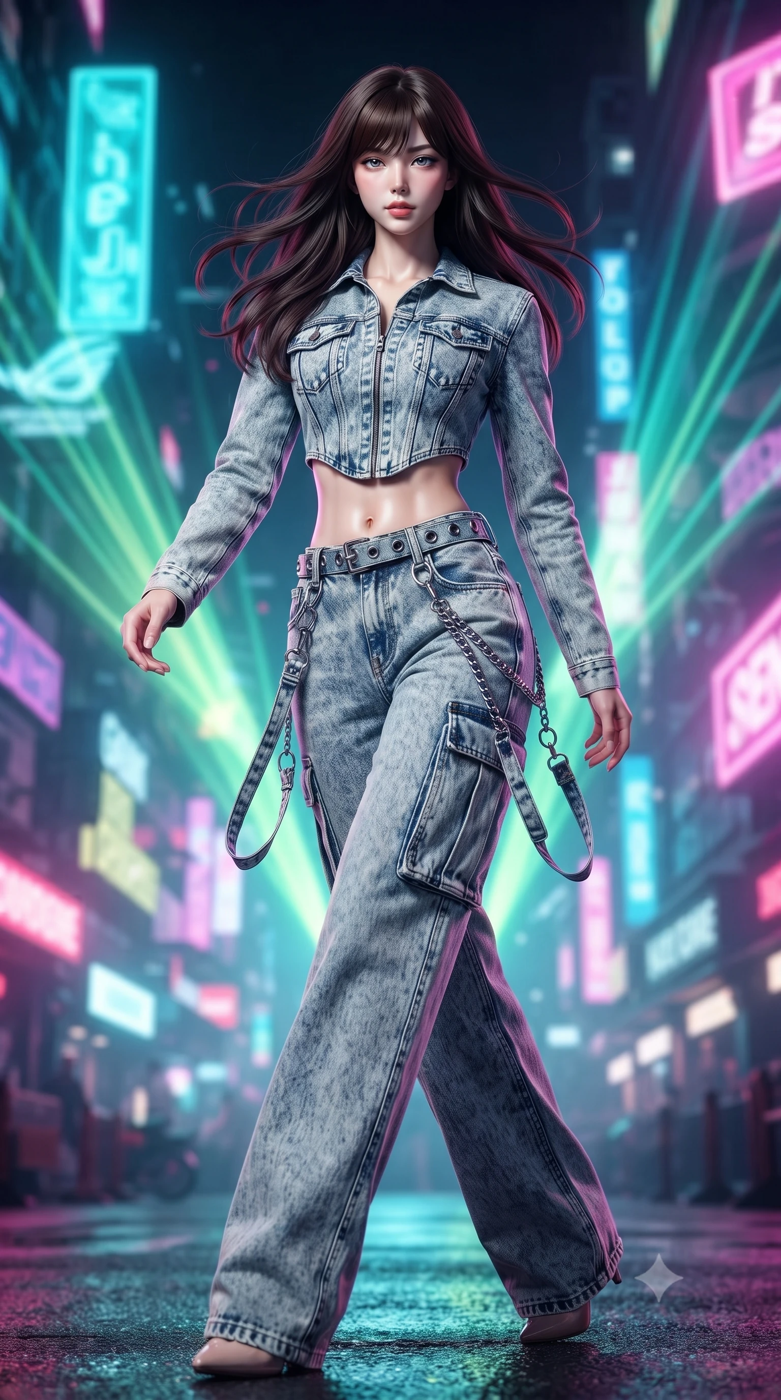 score_9, masterpiece, best quality, ultra-detailed, high-budget anime keyframe, editorial fashion photography, tasteful artistic composition, Korean woman. low angle full-body shot from head to toe showing her feet, filling the entire 9:16 vertical frame with her statuesque presence, stretching her vertical silhouette. stepping forward gracefully in mid-motion, displaying her toned flat midriff and flawlessly sculpted slender limbs while pivoting with energetic street-dance momentum as giant holographic animated logos flash across the night sky behind her. The composition keeps background elements in soft focus with creamy bokeh. giant holographic neon advertisements and sweeping laser light cones blurred into electric turquoise, lime, and fuchsia bokeh. She has an absolutely perfect, statuesque 8.5-heads proportion, an exceptionally tall and slender model-like female figure with impossibly long slender legs, a toned flat midriff, and an ultra-slim waist. sharp v-shaped jawline, high-bridge nose, intricate jewel-like eyes with depth, thick eyelashes, glossy lips with a natural sheen, captivating and magnetic expression, flawlessly proportioned anatomical accuracy, strict slender model proportions, natural body alignment, perfectly sculpted long slender limbs, ultra-slim waistline, clean dynamic posture without body distortion. wearing a deconstructed denim corseted crop jacket paired with high-waisted wide-leg utility jeans and a silver grommet belt in acid-wash light denim and dark chrome, tailored from distressed structured cotton denim with metallic thread, accented with hanging industrial clip straps and chrome chain links, the liquid-tight tailored fabric emphasizing every curve of her tall, slender model proportions and sculptured silhouette during dynamic movement. bathed in flashing RGB strobe lights and glowing holographic billboard backlighting. ultra-reflective glossy finish, specular highlights, rich textural contrasts, high-contrast stereoscopic depth, volumetric dynamic lighting, 2k, ultra detail, master piece, 9:16 ratio