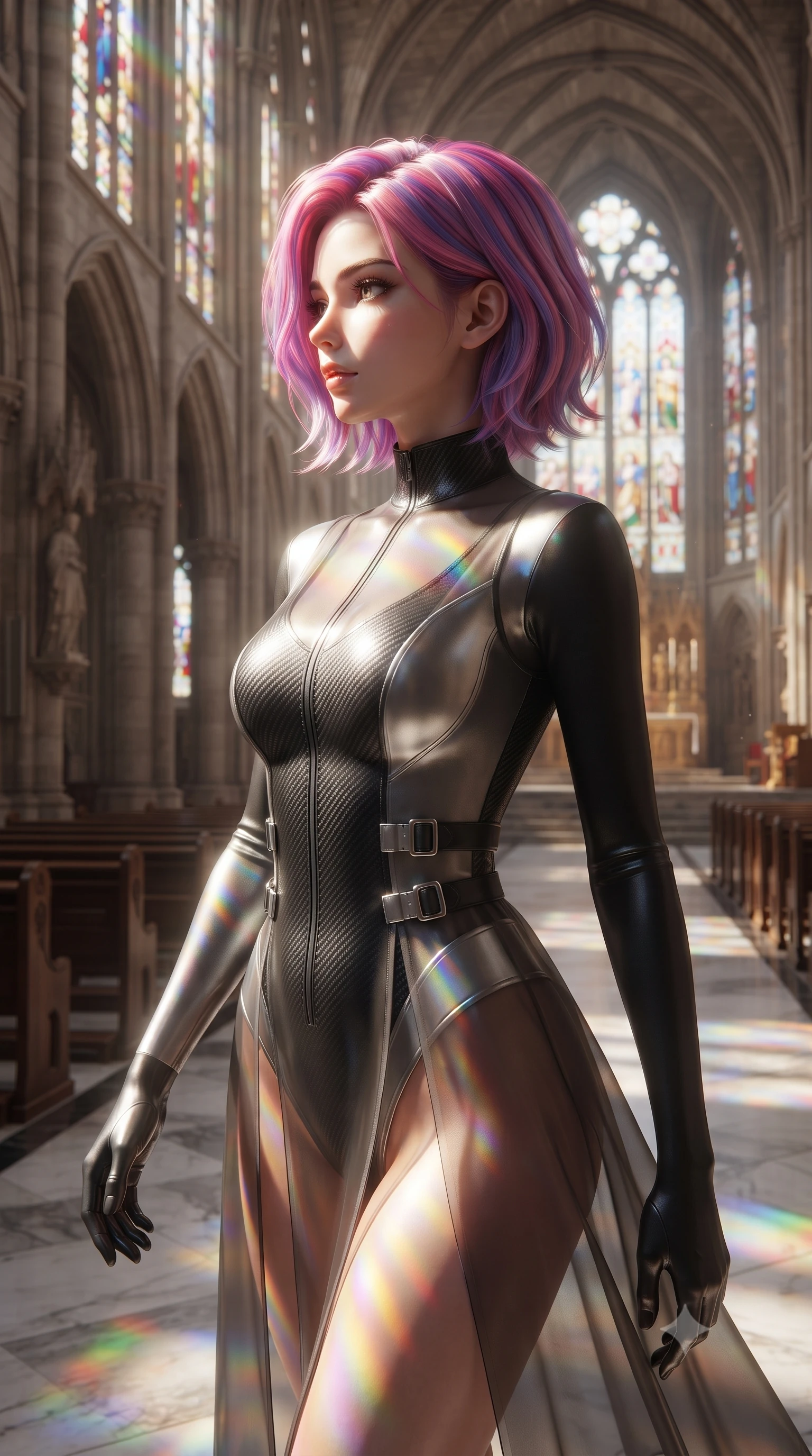 score_9, masterpiece, best quality, ultra-detailed, high-budget anime keyframe, editorial fashion photography, tasteful artistic composition, Caucasian woman. close-up cowboy shot from the waist and thighs up, the character dominates the composition, filling the frame with her large presence, background elements kept in soft focus. Turning her face in sharp dramatic profile against the bright light, showcasing her sharp v-shaped jawline walking down a polished marble nave lined with tall stained glass arcades, vibrant rainbow light patterns projected across her skin and costume. She has an exceptionally elegant, slender, and willowy female figure with an ultra-slim waist, a gracefully sculpted slender torso, and a refined silhouette. sharp v-shaped jawline, high-bridge nose, intricate jewel-like eyes with depth, thick eyelashes, glossy lips with a natural sheen. wearing a semi-opaque sheer overlay dress over a leather micro-bodysuit in matte black and polished silver, made of fine carbon-fiber weave and soft matte leather, detailed with polished silver buckles along the waistline, the glove-like fit emphasizing her statuesque silhouette. bathed in cascading rainbow prismatic light refracting through stained glass. ultra-reflective glossy finish, specular highlights, metallic sheen, high-contrast stereoscopic depth, volumetric dynamic lighting, 2k, ultra detail, master piece, 9:16 ratio