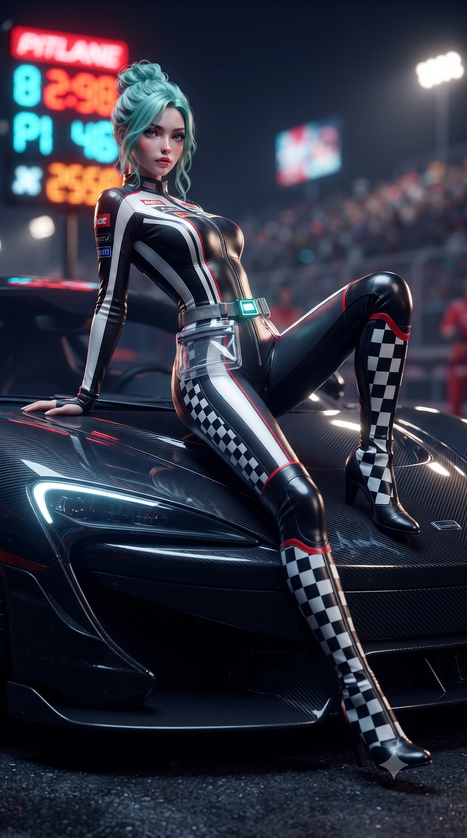 score_9, masterpiece, best quality, ultra-detailed, high-budget anime keyframe, editorial fashion photography, tasteful artistic composition, Japanese woman. low angle full-body shot from head to toe showing her feet, filling the entire 9:16 vertical frame with her statuesque presence, stretching her vertical silhouette. reclining back languidly with one knee bent and spine arched in a breathtaking dancer line, commanding the entire 9:16 vertical frame while sitting poised on the glossy carbon-fiber hood of a midnight hypercar, one leg extended and torso angled back with seductive confidence. The composition keeps background elements in soft focus with creamy bokeh. flashing neon pitlane status boards and distant crowd stadium lights blurred into blazing crimson, electric cyan, and amber bokeh. She has an absolutely perfect, statuesque 8.5-heads proportion, an exceptionally tall and slender model-like female figure with impossibly long slender legs, a toned flat midriff, and an ultra-slim waist. sharp v-shaped jawline, high-bridge nose, intricate jewel-like eyes with depth, thick eyelashes, glossy parted lips with a natural sheen, intensely captivating and seductive expression, flawlessly proportioned anatomical accuracy, strict slender model proportions, natural body alignment, perfectly sculpted long slender limbs, ultra-slim waistline, clean dynamic posture without body distortion. wearing a second-skin motocore bodysuit with bold racing stripes and ergonomic aerodynamic knee-high boots in monochrome checkerboard black and white with red accents, crafted from compression knit fabric sculpting her athletic hourglass lines, complemented by a neon LED belt buckle and translucent vinyl tool pouch, the athletic second-skin cut highlighting her toned flat midriff and slender model proportions during dynamic action. illuminated by wet specular asphalt bounce lights sculpting her toned midriff, slender waist, and long legs. ultra-reflective glossy finish, specular highlights, rich textural contrasts, high-contrast stereoscopic depth, volumetric dynamic lighting, 2k, ultra detail, master piece, 9:16 ratio