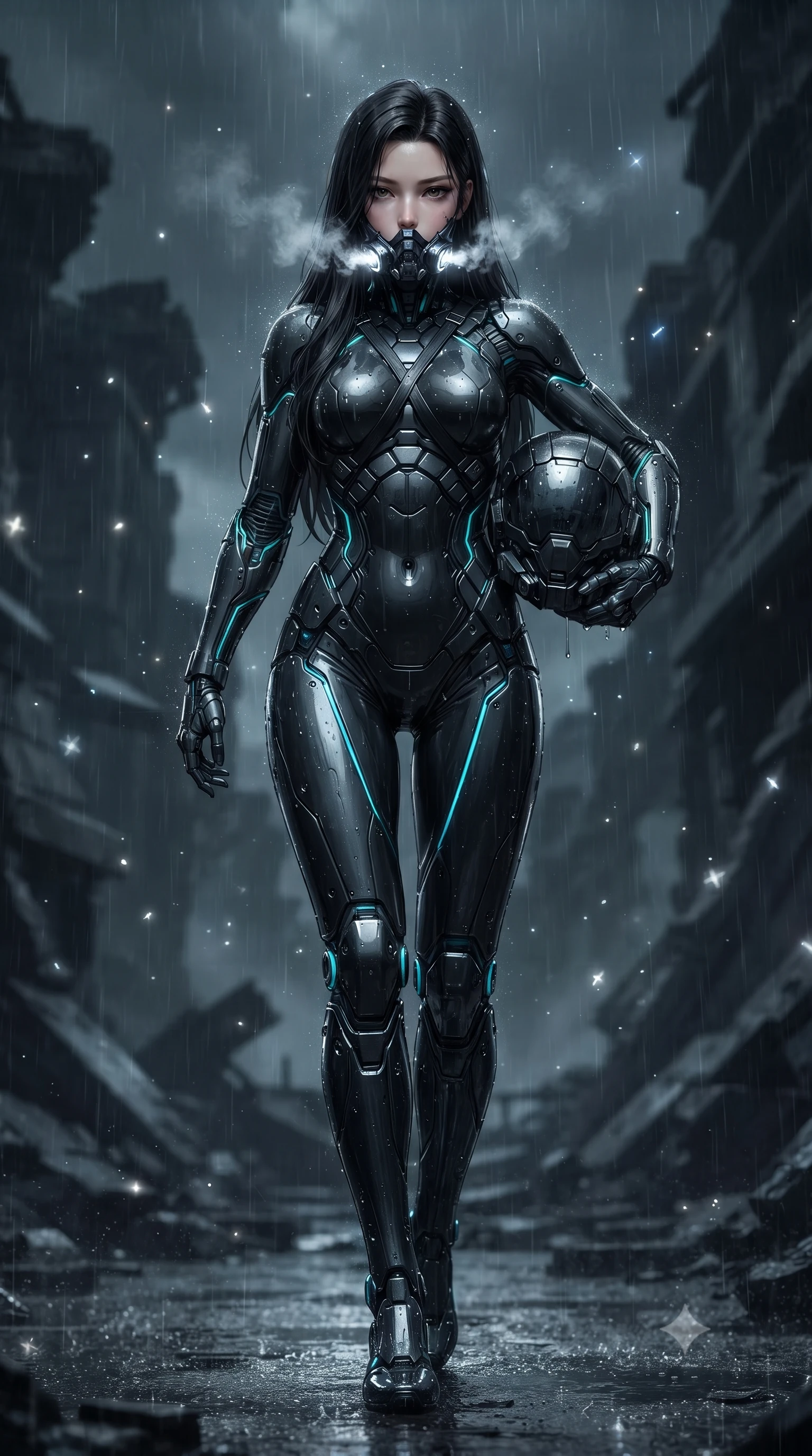 score_9, masterpiece, best quality, ultra-detailed, high-budget anime keyframe, editorial fashion photography, tasteful artistic composition, Korean woman. low angle full-body shot from head to toe showing her feet, filling the entire 9:16 vertical frame with her statuesque presence, stretching her vertical silhouette. striding forward with sovereign warrior elegance in a low, predatory combat advance through the ruins, hips swaying with fierce athletic poise while pivoting dynamically as her half-face rebreather vents glowing white vapor, her captivating eyes locked onto the viewer with fierce intent. The composition keeps background elements in soft focus with creamy bokeh. sparkling electrical plasma motes scattering celestial brilliance across a dark ruined backdrop. She has an absolutely perfect, statuesque 8.5-heads proportion, an exceptionally tall and slender model-like female figure with impossibly long slender legs, a toned flat midriff, and an ultra-slim waist. sharp v-shaped jawline, high-bridge nose, intricate jewel-like eyes with depth, thick eyelashes, glossy lips with a natural sheen, fierce and resolute heroine expression, flawlessly proportioned anatomical accuracy, strict slender model proportions, natural body alignment, perfectly sculpted long slender limbs, ultra-slim waistline, clean dynamic posture without body distortion. holding a modular carbon battle-helmet under one arm, her flawless face and sculpted neck exposed to the rain with determined warrior focus, paired with an ultra-sleek high-gloss carbon-composite exoskeleton suit featuring kinetic shock-absorbing shin guards and flexible limb articulation joints in matte battle-worn obsidian carbon with electric cyan hazard conduits, formed from high-gloss patent carbon-plating with specular dystopian chiaroscuro reflections, complemented by criss-cross back harness straps highlighting her completely bare spine, the liquid-tight tailored fabric emphasizing every curve of her tall, slender model proportions and sculptured silhouette during dynamic movement. surrounded by an electrifying, invincible, and radiantly transcendent dystopian heroine aura. ultra-reflective glossy finish, specular highlights, dark metallic sheen, high-contrast stereoscopic depth, volumetric dynamic lighting, 2k, ultra detail, master piece, 9:16 ratio