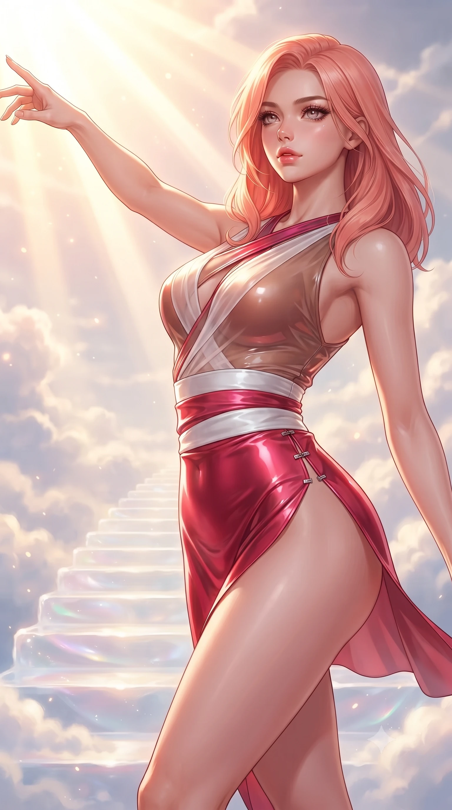 score_9, masterpiece, best quality, ultra-detailed, high-budget anime keyframe, editorial fashion photography, tasteful artistic composition, Japanese woman. close-up cowboy shot from the waist and thighs up, the character dominates the composition, filling the frame with her large presence. extending one arm gracefully toward the light while her torso arches in a sleek, alluring curve with magnetic intensity while stepping along a luminous cloud-top staircase catching intense volumetric golden sunbeams as night turns to day. The composition keeps background elements in soft focus with creamy bokeh. blazing dawn sunbeams scattering radiant light curtains across a breathtaking sky backdrop. She has an exceptionally elegant, slender, and willowy female figure with an ultra-slim waist, a gracefully sculpted slender torso, toned flat midriff, and a refined slim silhouette. sharp v-shaped jawline, high-bridge nose, intricate jewel-like eyes with depth, thick eyelashes, glossy lips with a natural sheen, flawlessly proportioned anatomical accuracy, strict slender model proportions, natural body alignment, perfectly sculpted long slender limbs, ultra-slim waistline, clean dynamic posture without body distortion. wearing a shortened cyber-fusion wrap top with transparent chiffon panels, a deep crossover neckline, and a high-waisted metallic sash that accentuates her ultra-slim waist in radiant crimson silk and crisp snow white, crafted from ultra-reflective second-skin latex with a high-gloss glass-like polish, finished with an ultra-high side slit secured by miniature magnetic clasps, the glove-like aerodynamic second-skin fit tightly clinging to her ultra-slender waist and athletic curves without adding bulk, accentuating her razor-sharp statuesque lines and slim hourglass silhouette. surrounded by an awe-inspiring, supreme, and radiantly sensual goddess of dawn aura. ultra-reflective glossy finish, specular highlights, metallic sheen, high-contrast stereoscopic depth, volumetric dynamic lighting, 2k, ultra detail, master piece, 9:16 ratio