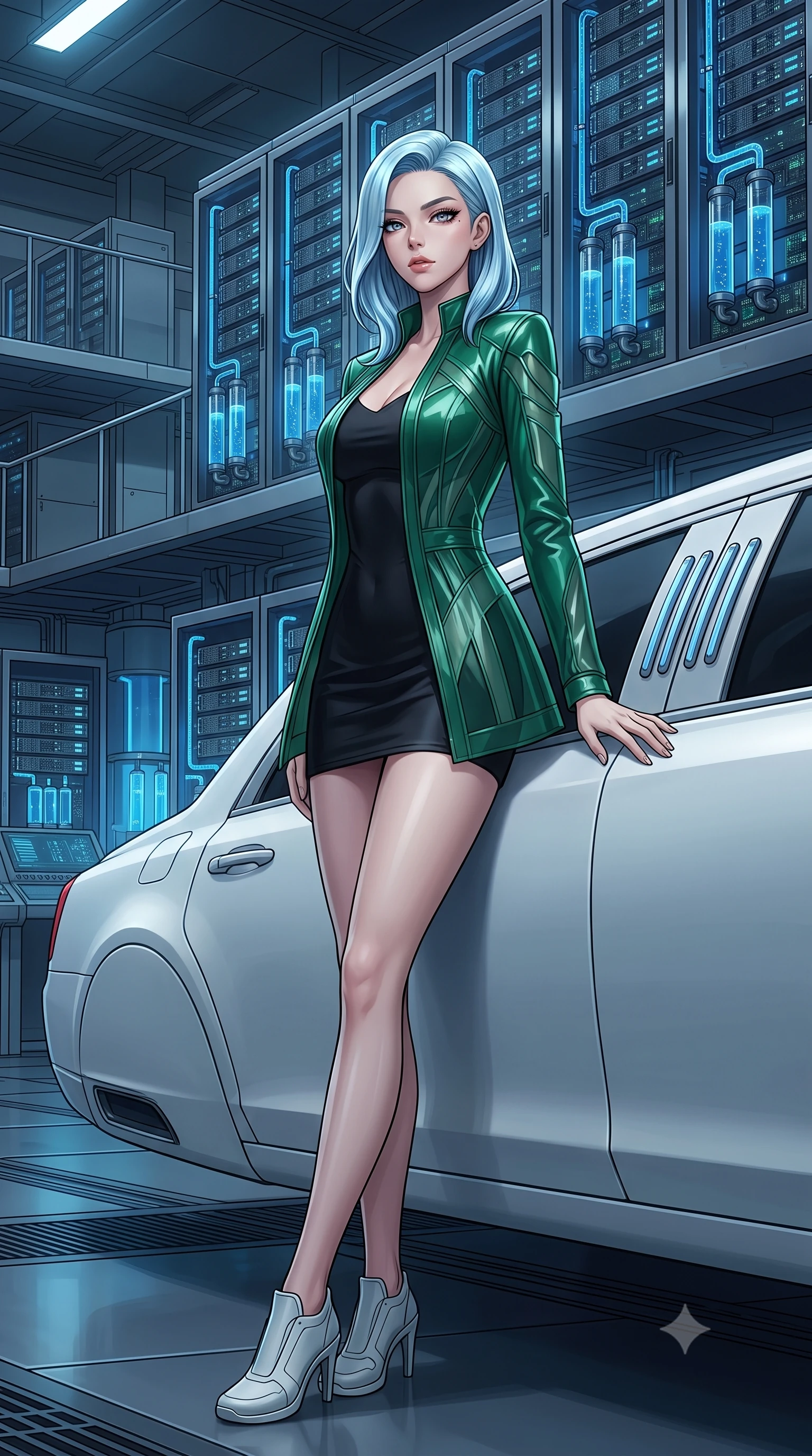 score_9, masterpiece, best quality, ultra-detailed, High-budget Anime Keyframe, East Asian woman. Dynamic full-body shot stretching the vertical silhouette to the limit. Scenario 442: leaning against a sleek white hover-limousine by a high-tech laboratory with rows of water-cooled server racks. Her presence is magnetic and overpowering in this high-budget anime scene. Outfit 442: a body-hugging emerald green matte vinyl jacket featuring layered translucent panels over a sleek slip dress. The clothing is designed to emphasize her exceptionally tall and slender 8-heads proportion. 8-heads proportion, towering silhouette, ultra-slim waist. sharp v-shaped jawline, intricate jewel-like eyes with depth, thick eyelashes, glossy lips. 2k, ultra detail, master piece, 9:16 ratio