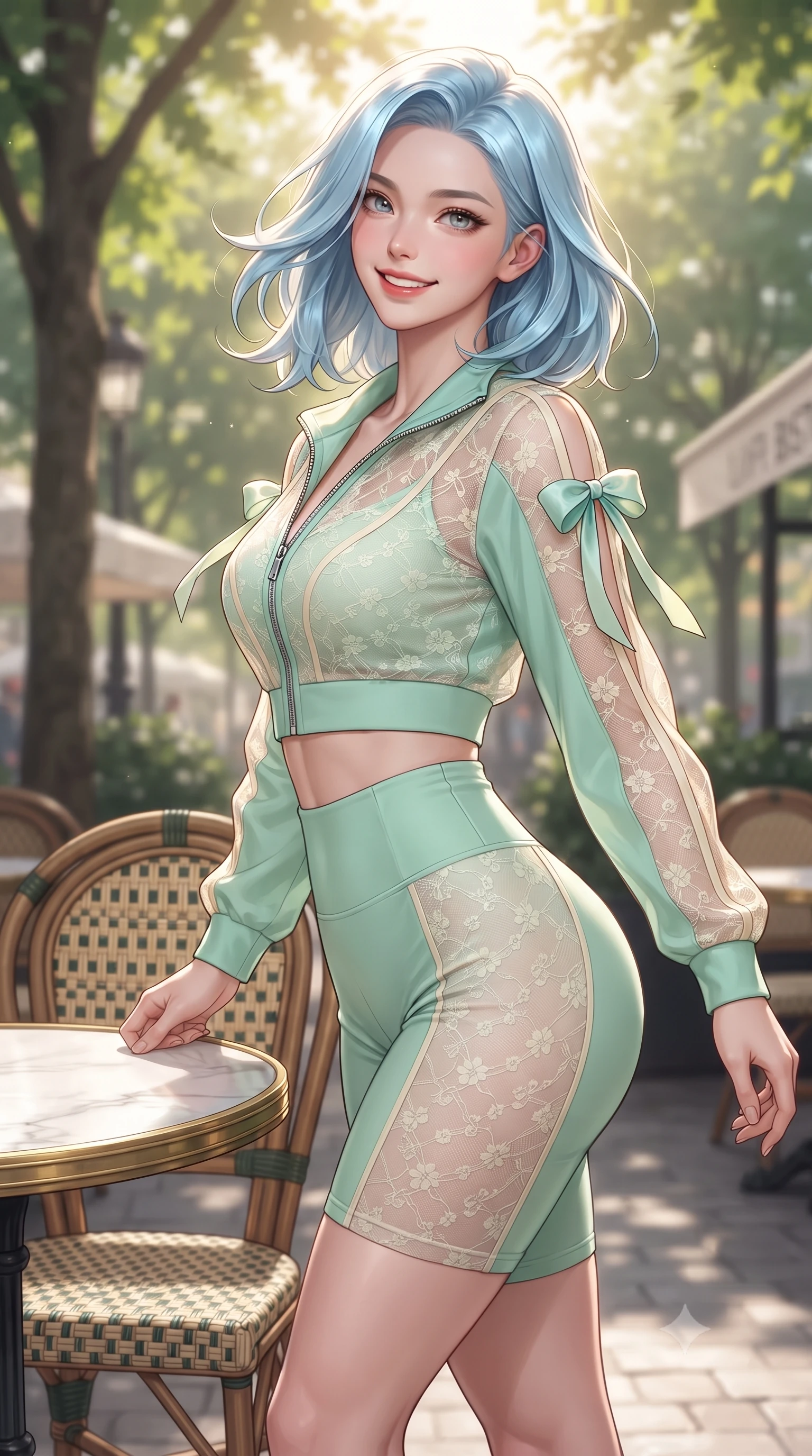 score_9, masterpiece, best quality, ultra-detailed, high-budget anime keyframe, editorial fashion photography, tasteful artistic composition, Korean woman. close-up cowboy shot from the waist and thighs up, the character dominates the composition, filling the frame with her large presence. turning playfully with a bright confident smile, her glossy hair tossing in the breeze as her hips angle gracefully in a captivating contrapposto while standing poised beside the woven rattan chairs, twisting her slender torso in an alluring contrapposto stance as morning light filters through plane trees. The surrounding environment is rendered in vivid detail and crisp panoramic clarity. sharp marble tabletop veining, brass table edging, and woven bistro chair cane textures in deep focus. She has an exceptionally elegant, slender, and willowy female figure with an ultra-slim waist, flat toned midriff, narrow ribcage, and sculpted feminine hips creating an alluring, slim hourglass silhouette without bulk. sharp v-shaped jawline, high-bridge nose, intricate jewel-like sparkling eyes with depth, thick eyelashes, glossy parted lips with a natural peach sheen, bright cheerful beaming smile with an enchanting and coquettish sensual glint, exuding both youthful cute charm and seductive allure, flawlessly proportioned anatomical accuracy, strict slender model proportions, natural body alignment, perfectly sculpted long slender limbs, ultra-slim waistline, clean dynamic posture without body distortion. wearing a sporty chic zip-up crop jacket paired with high-waisted biker shorts clinging to her athletic hips in refreshing mint green and soft vanilla cream, made of sheer contouring stretch lace with delicate floral patterns, finished with cute satin bow ribbons tying at the shoulders, the high-waisted tailoring accentuating her ultra-slim waistline and the enchanting curve of her feminine hips with alluring charm. bathed in soft, flattering morning Parisian sunlight filtering through tree canopies. ultra-reflective glossy finish, specular highlights, rich textural contrasts, high-contrast stereoscopic depth, volumetric dynamic lighting, 2k, ultra detail, master piece, 9:16 ratio