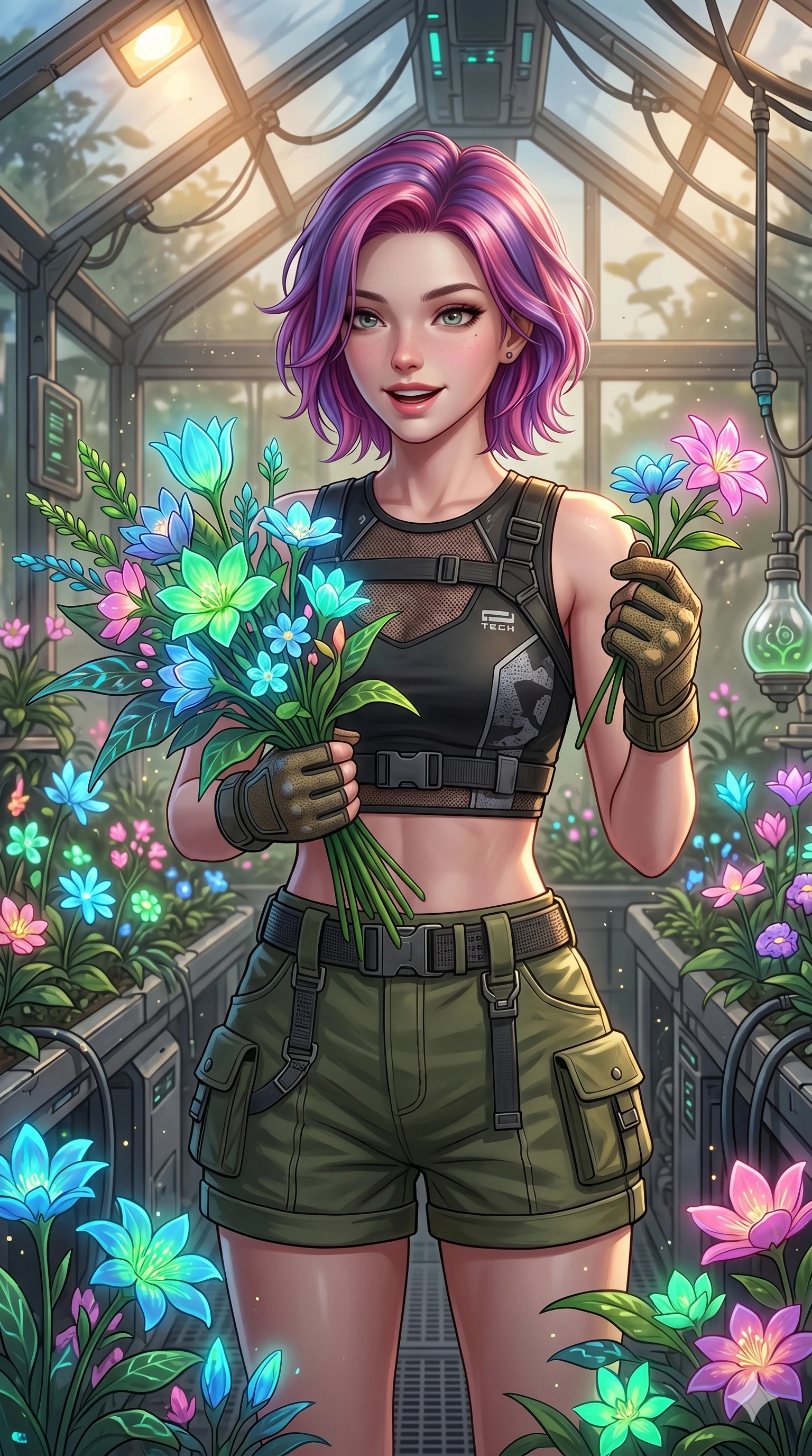 score_9, masterpiece, best quality, ultra-detailed, high-budget anime keyframe, semi-realistic 3D game render, Caucasian woman, strictly human ears. Upper body close-up from the thighs up, character filling the screen for maximum presence. Inside a biotech garden greenhouse, picking glowing flowers, holding a bunch of glowing flowers with a happy, excited expression. She is wearing a cropped tech-wear top, utility shorts, and protective gloves. The scene is lit by warm sun lamps and the soft multi-colored glow of the flowers. 2k, ultra detail, master piece, 9:16 ratio