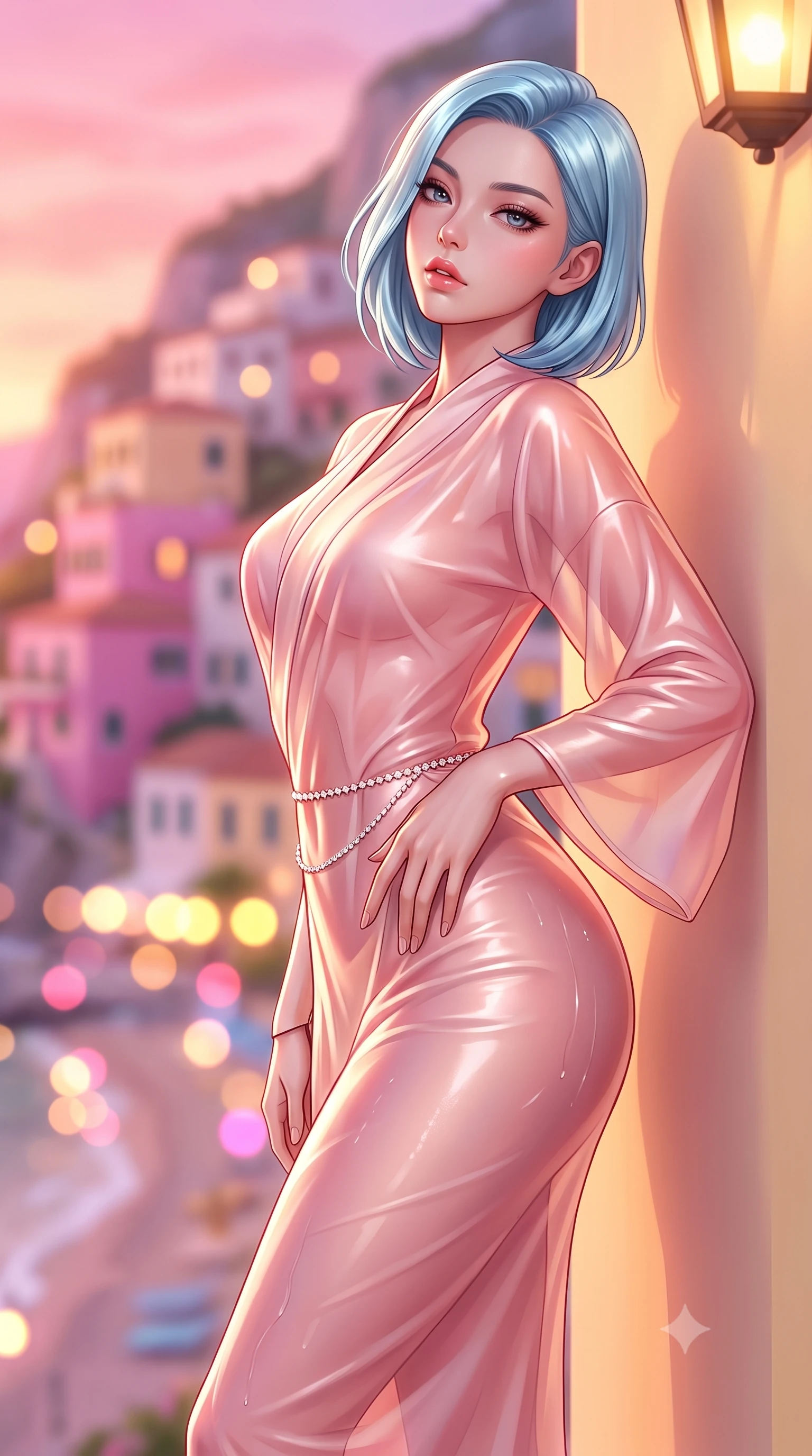 score_9, masterpiece, best quality, ultra-detailed, high-budget anime keyframe, semi-realistic 3D game render, editorial fashion photography, tasteful artistic composition, Korean woman. close-up cowboy shot from the waist and thighs up, the character dominates the composition, filling the frame with her large presence. arching her spine backward with effortless dancer poise, one hand sliding along her hip line as directional light carves specular highlights along her silhouette while standing poised against the pastel-yellow cliffside villa wall, twisting her slender torso in an alluring contrapposto stance in the evening breeze. The composition keeps background elements in soft focus with creamy bokeh. cascading pastel cliffside houses and glittering beach cove lights blurred into magenta, peach, and lemon-yellow bokeh. She has an exceptionally elegant, slender, and willowy female figure with an ultra-slim waist, flat toned midriff, narrow ribcage, and sculpted feminine hips creating an alluring, slim hourglass silhouette without bulk. sharp v-shaped jawline, high-bridge nose, intricate jewel-like eyes with depth, thick eyelashes, glossy parted lips with a natural sheen, intensely captivating and seductive bedroom-eyes expression, flawlessly proportioned anatomical accuracy, strict slender model proportions, natural body alignment, perfectly sculpted long slender limbs, ultra-slim waistline, clean dynamic posture without body distortion. wearing a delicate semi-translucent silk yukata that clings to her wet skin and curvy hip contours in sakura blossom pink and warm ivory, formed from supple second-skin lambskin leather with specular sheen, accented with a dainty diamond waist chain catching the ambient light reflections, the glove-like aerodynamic silhouette tightly following the natural contour of her hips and long slender legs with statuesque 8.5-heads elegance. bathed in rich pastel dusk pink and peach sunset glow contrasting with warm terrace lantern downlights. highly saturated vibrant anime colors, detailed shading with soft gradients, rich glossy textures, high-contrast stereoscopic depth, volumetric dynamic lighting, master piece, 9:16 ratio