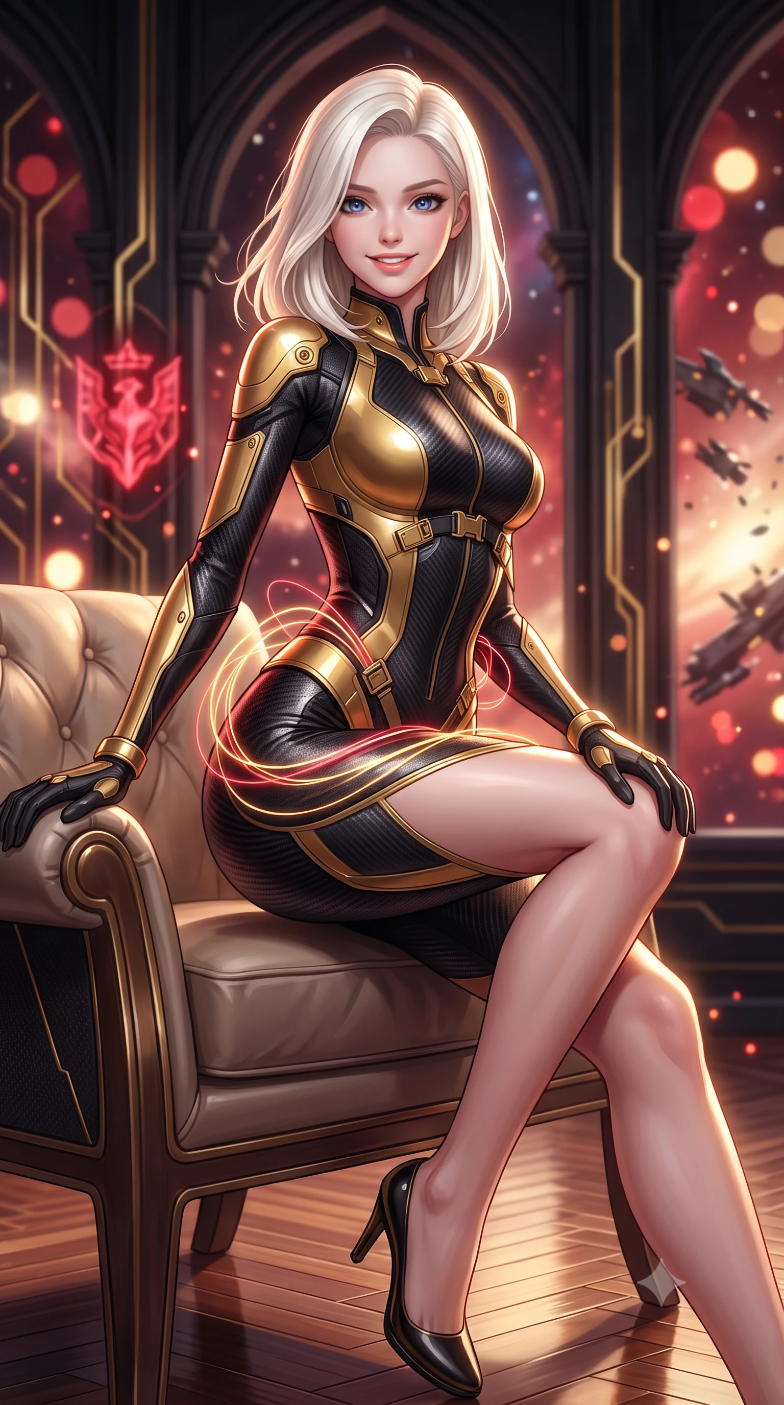 score_9, masterpiece, best quality, ultra-detailed, high-budget anime keyframe, semi-realistic 3D game render, editorial fashion photography, tasteful artistic composition, Caucasian woman. close-up cowboy shot from the waist and thighs up, the character dominates the composition, filling the frame with her large presence. perched sideways on the lounge seat, one knee drawn up to showcase her slender leg line while her arched back accentuates her feminine hip curve while twisting her slender torso in an alluring contrapposto stance, fiber-optic gold filigree and crimson velvet light wrapping around her narrow waist and curvy hips. The background shows a soft-focus soaring gothic obsidian arches interlaced with pulsing gold circuits, holographic crimson heraldry, and orbital star battle wreckage blurred into ruby, gold, and champagne bokeh. She has an exceptionally elegant, slender, and willowy female figure with an ultra-slim waist, flat toned midriff, narrow ribcage, and sculpted feminine hips creating an alluring, slim hourglass silhouette without bulk. sharp v-shaped jawline, high-bridge nose, intricate jewel-like sparkling eyes with depth, thick eyelashes, glossy parted lips with a natural peach sheen, bright cheerful beaming smile with an enchanting and coquettish sensual glint, exuding both youthful cute charm and seductive allure, flawlessly proportioned anatomical accuracy, strict slender model proportions, natural body alignment, perfectly sculpted long slender limbs, ultra-slim waistline, clean dynamic posture without body distortion. wearing a sleek second-skin cyber-pilot bodysuit with high-gloss patent leather panels accentuating her ultra-slim waistline in singularity accretion gold and space void onyx, woven from structured carbon-fiber jacquard with rich textural depth, finished with sleek magnetic buckle closures fluttering in the breeze, the impeccably tailored cut draping gracefully along her slender figure with aristocratic poise. illuminated by polished parquet reflection bounce and sharp gold-plasma rim lights sculpting her jawline, narrow waist, and curvy hips. highly saturated vibrant anime colors, detailed shading with soft gradients, rich glossy textures, high-contrast stereoscopic depth, volumetric dynamic lighting, master piece, 9:16 ratio