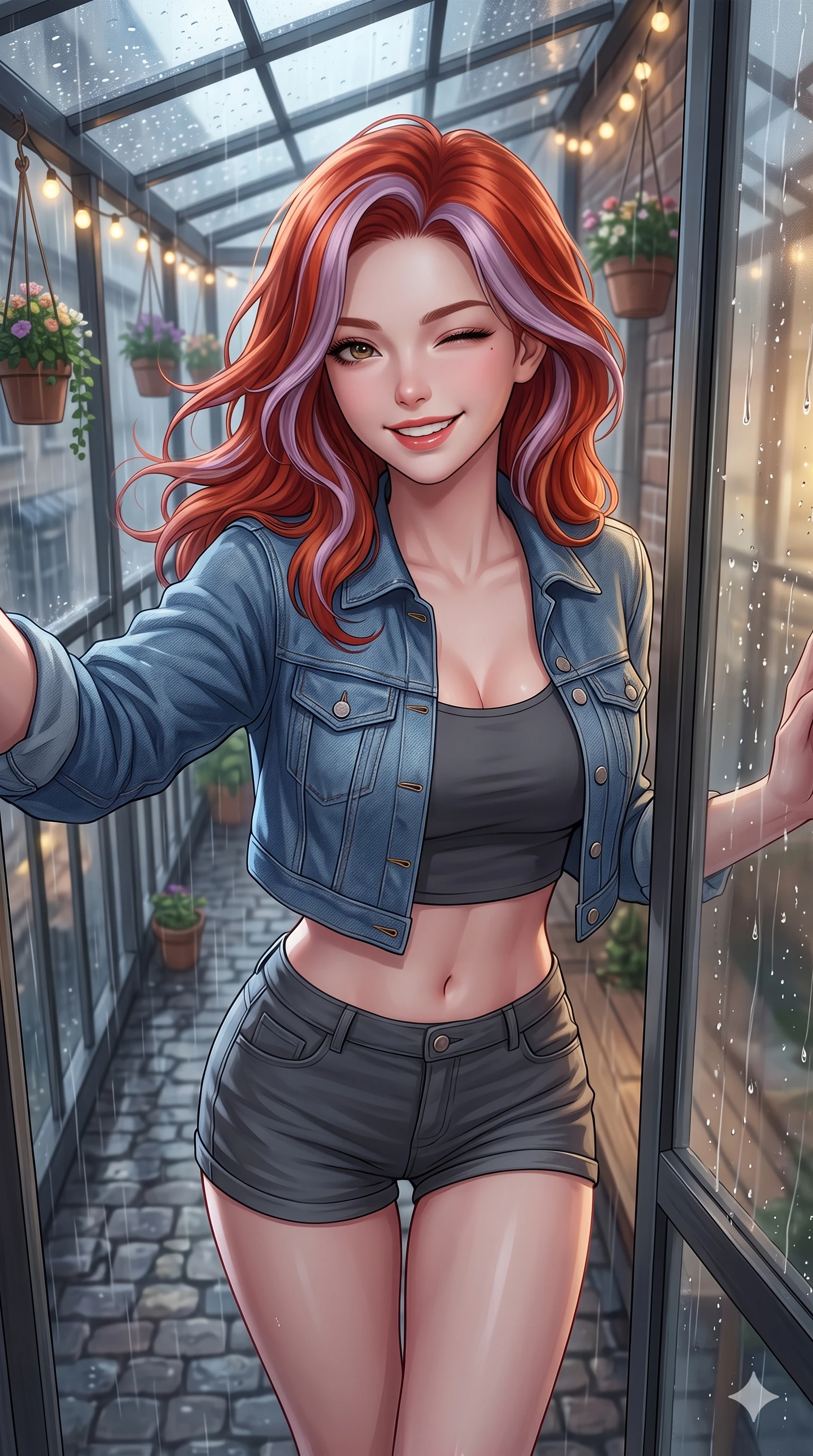 score_9, masterpiece, best quality, ultra-detailed, high-budget anime keyframe, vibrant anime aesthetic, Caucasian woman, strictly human ears. close-up cowboy shot from the waist and thighs up, the character dominates the composition, filling the frame with her large presence, background elements kept in soft focus. She is peering through a rain-streaked window, winking with a playful grin, gazing softly at the camera lens with a soft breath of wind in her hair. on a glass-roofed balcony decorated with hanging flower pots and warm fairy lights, under a steady rainfall (Code-P22-068). She has an absolutely perfect proportion, an exceptionally elegant and slender female figure with an ultra-slim waist. V-shaped jawline, high-bridge nose, intricate jewel-like eyes with depth, thick eyelashes, glossy lips with a natural sheen. wearing a cropped denim jacket over a fitted crop top and short-shorts in classic charcoal. She is drenched in soft daylight filtering through rain-streaked glass panels, highlighting her V-shaped jawline along the cobblestone alley. 2k, ultra detail, master piece, 9:16 ratio