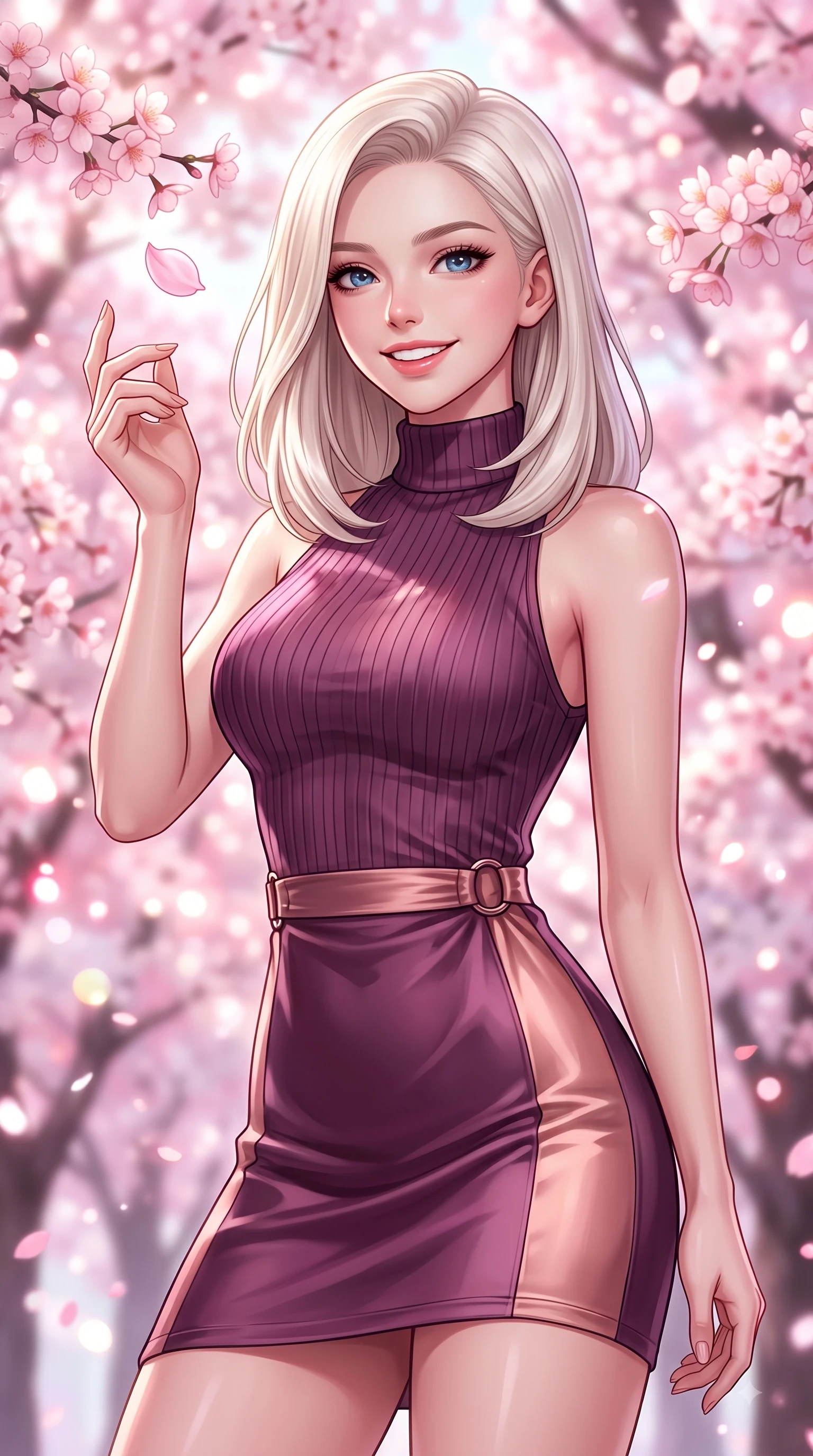 score_9, masterpiece, best quality, ultra-detailed, high-budget anime keyframe, editorial fashion photography, tasteful artistic composition, Caucasian woman. close-up cowboy shot from the waist and thighs up, the character dominates the composition, filling the frame with her large presence. Youthful bright smile exuding pure cute charm and fresh energy, her torso turning dynamically into the lens while reaching her hand up playfully to catch a floating blossom petal in mid-air. The composition keeps background elements in soft focus with dreamy bokeh. dense cherry blossom canopies blurring into a dreamy glowing pink and white bokeh backdrop. She has an exceptionally elegant, slender, and willowy female figure with an ultra-slim waist, a gracefully sculpted slender torso, and a refined silhouette. sharp v-shaped jawline, high-bridge nose, intricate jewel-like eyes with depth, thick eyelashes, glossy lips with a natural sheen, flawlessly proportioned anatomical accuracy, natural body alignment, perfectly sculpted elegant limbs, clean dynamic posture without body distortion. wearing a high-neck sleeveless ribbed knit dress following her statuesque figure like a glove in rich plum purple and rose gold, crafted from smooth liquid silk satin, accented with subtle metallic ring hardware framing her waist, the elegant draped fit framing her graceful clavicle and slender torso. surrounded by a fresh, sweet, and nostalgic spring park atmosphere. highly saturated vibrant anime colors, detailed shading with soft gradients, rich glossy textures, high-contrast stereoscopic depth, volumetric dynamic lighting, master piece, 9:16 ratio