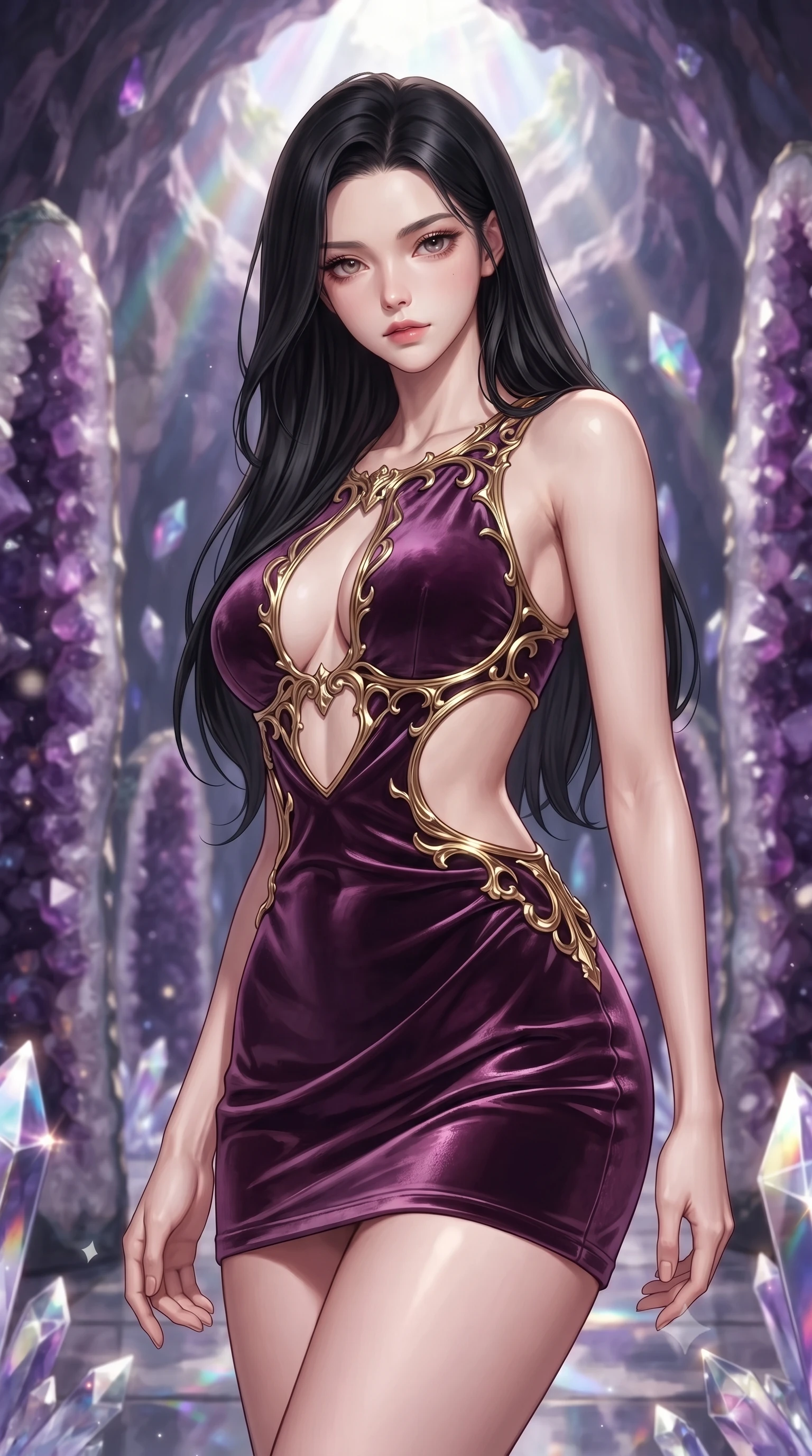 score_9, masterpiece, best quality, ultra-detailed, high-budget anime keyframe, editorial fashion photography, tasteful artistic composition, Korean woman. close-up cowboy shot from the waist and thighs up, the character dominates the composition, filling the frame with her large presence, background elements kept in soft focus. Leaning slightly forward with a composed, seductive gaze under soft glowing light standing inside a breathtaking cavern lined with massive amethyst geode pillars, sharp crystalline reflections creating an opulent, jewel-like ambience. She has an exceptionally elegant, slender, and willowy female figure with an ultra-slim waist, a gracefully sculpted slender torso, and a refined silhouette. sharp v-shaped jawline, high-bridge nose, intricate jewel-like eyes with depth, thick eyelashes, glossy lips with a natural sheen. wearing a dramatic open-waist cutout mini dress framed by sculptural hardware in plum purple and gold filigree, made of premium stretch velvet with a rich sheen, accented with a Tasteful chest slit framing her clavicle gracefully, the elegant draped fit framing her graceful clavicle and slender torso. bathed in brilliant prismatic light filtering from a natural cavern skylight. ultra-reflective glossy finish, specular highlights, metallic sheen, high-contrast stereoscopic depth, volumetric dynamic lighting, 2k, ultra detail, master piece, 9:16 ratio