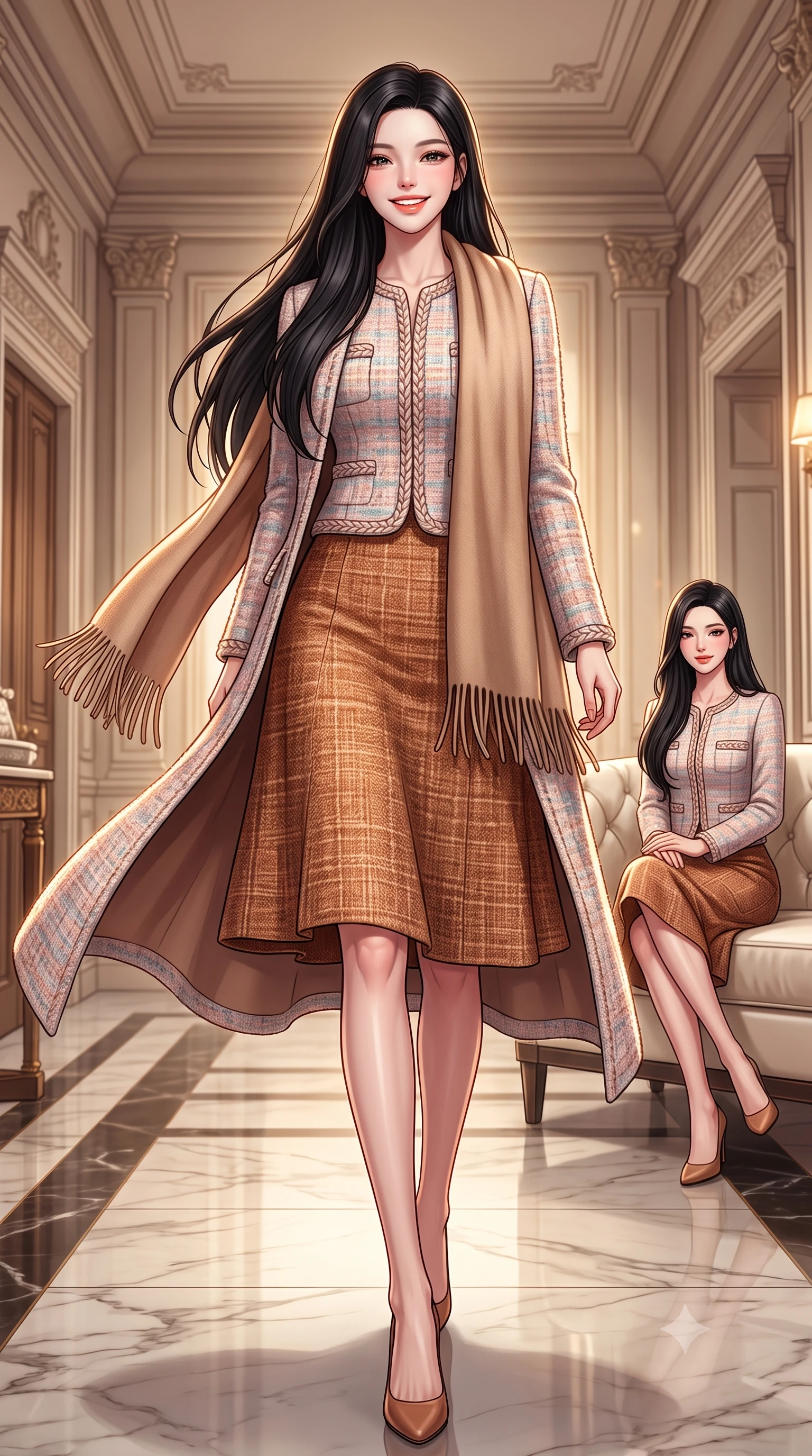 score_9, masterpiece, best quality, ultra-detailed, high-budget anime keyframe, semi-realistic 3D game render, editorial fashion photography, tasteful artistic composition, Korean woman. low angle full-body shot from head to toe showing her feet, filling the entire 9:16 vertical frame with her statuesque presence, stretching her vertical silhouette. stepping forward gracefully in mid-motion with a radiant beaming smile, her long tailored coat fluttering around her slender legs while sitting poised on an ivory velvet banquette with hands folded neatly in her lap, exuding impeccable French haute-couture elegance. The surrounding environment is rendered in vivid detail and crisp panoramic clarity: detailed Chanel-inspired pastel tweed jacket weave, braided trim borders, and premier Parisian interior architecture in razor-sharp precision. She has an exceptionally tall and slender model-like 8.5-heads proportion, an ultra-slim waist, a flat toned midriff, narrow delicate ribcage, and beautifully sculpted feminine hips creating a graceful, slim hourglass silhouette without any bulky heaviness, with impossibly long slender legs. sharp v-shaped jawline, high-bridge nose, intricate jewel-like sparkling eyes with depth, thick eyelashes, glossy parted lips with a natural peach sheen, bright cheerful beaming smile with an enchanting and coquettish sensual glint, exuding both youthful cute charm and seductive allure, flawlessly proportioned anatomical accuracy, strict slender model proportions, natural body alignment, perfectly sculpted long slender limbs, ultra-slim waistline, clean dynamic posture without body distortion. wearing a collarless pastel bouclé tweed jacket with braided trims paired with a coordinating high-waisted A-line midi skirt in warm winter cinnamon and toasted caramel, tailored from heritage British Harris Tweed with rich multi-tonal yarn weave, accented with a wide brushed cashmere fringe scarf draped elegantly over one shoulder, the expertly draped wool fabric falling in crisp fluid lines along her tall 8.5-heads silhouette, celebrating her slender frame without excess fabric bulk. illuminated by polished marble floor bounce and pristine champagne rim lights defining her razor-sharp jawline and elegant tailored silhouette. highly saturated vibrant anime colors, detailed shading with soft gradients, rich glossy textures, high-contrast stereoscopic depth, volumetric dynamic lighting, master piece, 9:16 ratio