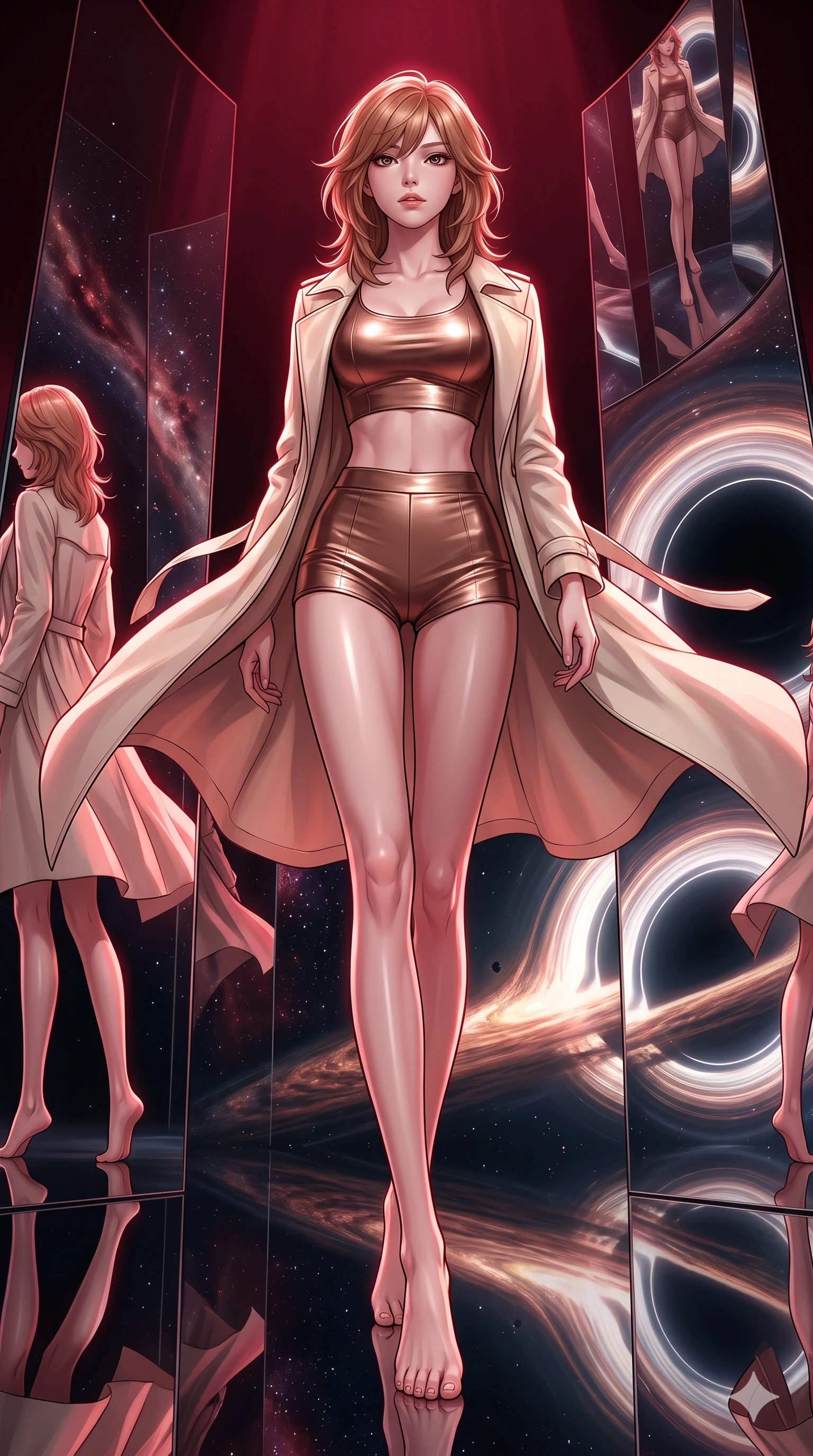 score_9, masterpiece, best quality, ultra-detailed, high-budget anime keyframe, editorial fashion photography, tasteful artistic composition, Korean woman. low angle full-body shot from head to toe showing her feet, filling the entire 9:16 vertical frame with her statuesque presence, stretching her vertical silhouette. navigating with fluid motion through a gallery positioned at the edge of a black hole where extreme gravity bends light around mirrors creating impossible reflections of infinity with space-time visibly warping and stretching near each polished surface. She has a statuesque 8.5-heads proportion, an exceptionally tall, slender and willowy model-like build with impossibly long legs and a highly sculpted ultra-slim waist. sharp v-shaped jawline, high-bridge nose, intricate jewel-like eyes with depth, thick eyelashes, glossy lips with a natural sheen. wearing a metallic bronze crop top paired with high-waisted matching micro-shorts, under a flowing cream trench coat. deep crimson theatrical lighting with sharp specular highlights on every curve. 2k, ultra detail, master piece, 9:16 ratio