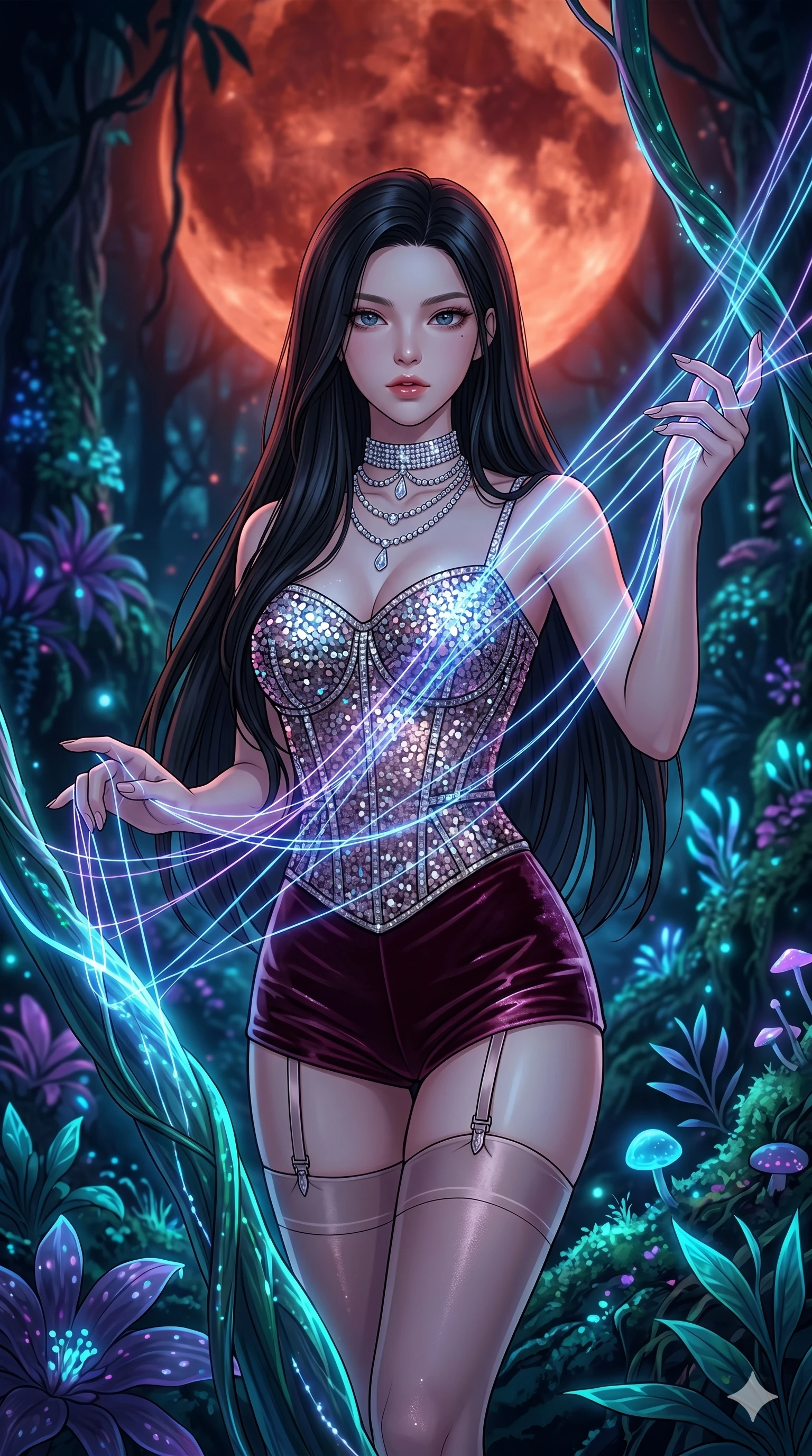 score_9, masterpiece, best quality, ultra-detailed, high-budget anime movie keyframe, cinematic anime lighting, intricate line art, Korean woman. Medium shot of upper body capturing the intricate details of her high-fashion attire. weaving threads of light in a bioluminescent rainforest under a blood moon. She has an absolutely perfect 8-heads proportion, an exceptionally tall and slender female figure with an ultra-slim waist and impossibly long slender legs. sharp v-shaped jawline, high-bridge nose, intricate jewel-like eyes, thick eyelashes, glossy lips. Wearing luxurious K-pop idol stage outfit featuring a sparkling sequined corset, high-cut velvet shorts, and sheer silk stockings with garter belts, accessorized with crystal chokers. The scene is illuminated by dramatic atmospheric lighting and vibrant color palettes. , 2k, ultra detail, master piece, 9:16 ratio