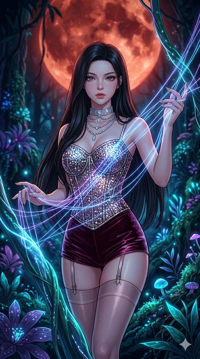 score_9, masterpiece, best quality, ultra-detailed, high-budget anime movie keyframe, cinematic anime lighting, intricate line art, Korean woman. Medium shot of upper body capturing the intricate details of her high-fashion attire. weaving threads of
