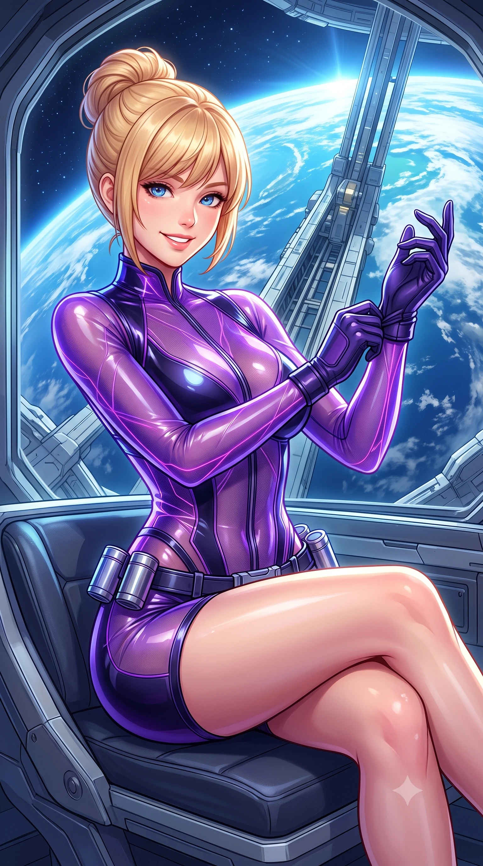 score_9, masterpiece, best quality, ultra-detailed, high-budget anime keyframe, semi-realistic 3D game render, editorial fashion photography, tasteful artistic composition, Caucasian woman. close-up cowboy shot from the waist and thighs up, the character dominates the composition, filling the frame with her large presence. adjusting her tactical glove with cool confidence, her bright smile capturing fresh girlhood charm while her arched torso reveals an intoxicating hip contour while lounging in an ergonomic gravity lounge seat with legs crossed, her statuesque presence commanding the monumental space elevator view. The surrounding environment is rendered in vivid detail and crisp panoramic clarity: detailed combat suit drape, Earth-shine highlights on skin, and orbital station architecture in razor-sharp precision. She has an exceptionally elegant, slender, and willowy female figure with an ultra-slim waist, flat toned midriff, narrow ribcage, and sculpted feminine hips creating an alluring, slim hourglass silhouette without bulk. sharp v-shaped jawline, high-bridge nose, intricate jewel-like sparkling eyes with depth, thick eyelashes, glossy parted lips with a natural sheen, bright confident smile with an enchanting and coquettish sensual glint, exuding both youthful magnetic charm and sovereign high-tech allure, flawlessly proportioned anatomical accuracy, strict slender model proportions, natural body alignment, perfectly sculpted long slender limbs, ultra-slim waistline, clean dynamic posture without body distortion. wearing a translucent high-gloss polymer flight suit with internal luminescent wire filigree and tailored waist cinching in neon electric violet and deep space obsidian, crafted from sheer technical cyber-lace reinforced with ultra-thin Kevlar threads, accented with a sleek utility belt with polished magnetic canisters resting loosely on her curvy hips, the form-contouring cut accentuating her sculpted flat midriff, narrow delicate ribcage, and gracefully curvy hips with cybernetic supermodel precision. bathed in magnificent blue Earth-shine cascading through colossal panoramic viewing windows. highly saturated vibrant anime colors, detailed shading with soft gradients, rich glossy textures, high-contrast stereoscopic depth, volumetric dynamic lighting, master piece, 9:16 ratio