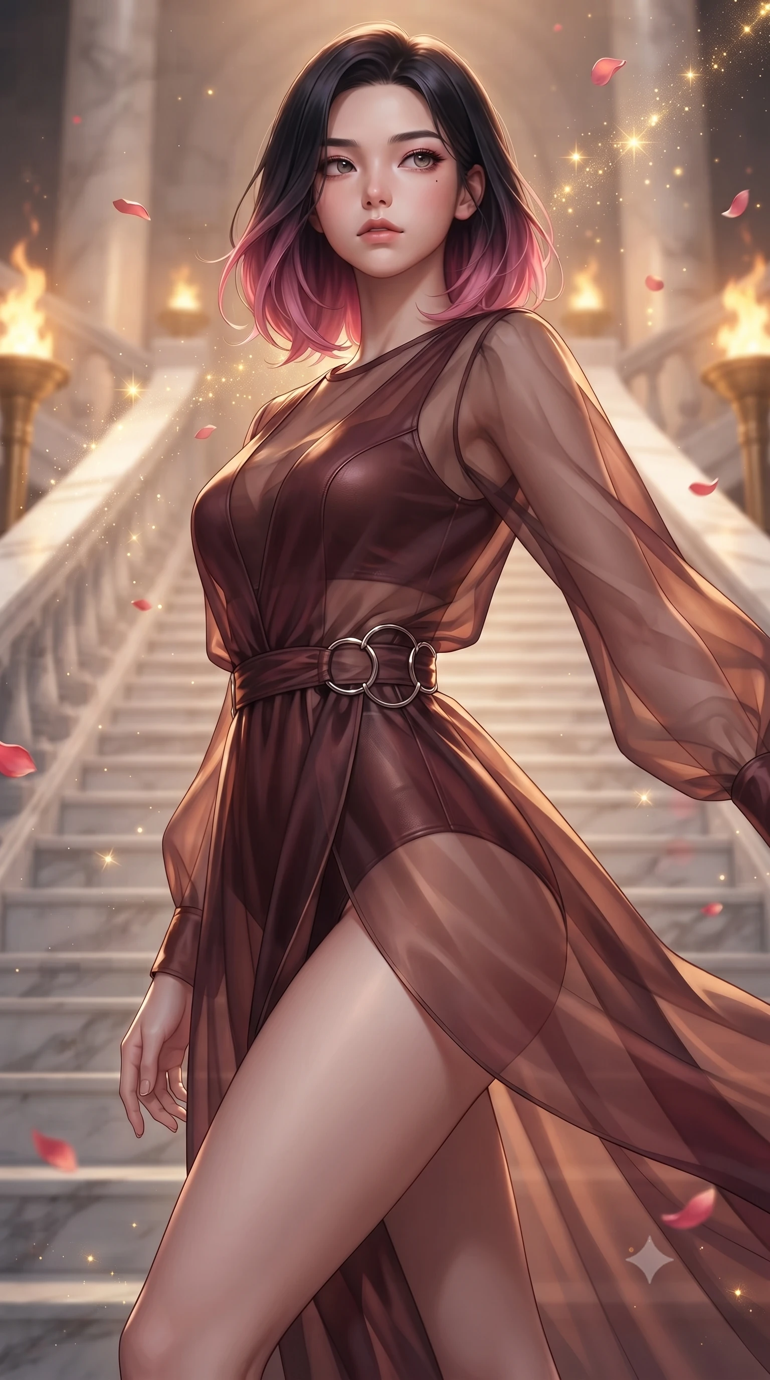 score_9, masterpiece, best quality, ultra-detailed, high-budget anime keyframe, editorial fashion photography, tasteful artistic composition, Korean woman. close-up cowboy shot from the waist and thighs up, the character dominates the composition, filling the frame with her large presence, background elements kept in soft focus. Gazing past the lens with composed intensity as her torso curves dynamically in mid-motion while descending a grand marble staircase flanked by golden torch flames at sunset, floating rose petals and golden solar dust sparkling in the warm air. She has an exceptionally elegant, slender, and willowy female figure with an ultra-slim waist, a gracefully sculpted slender torso, and a refined silhouette. sharp v-shaped jawline, high-bridge nose, intricate jewel-like eyes with depth, thick eyelashes, glossy lips with a natural sheen, flawlessly proportioned anatomical accuracy, natural body alignment, perfectly sculpted elegant limbs, clean dynamic posture without body distortion. wearing a semi-opaque sheer overlay dress over a leather micro-bodysuit in deep burgundy and bronze, woven from fine semi-opaque sheer organza, accented with delicate chrome ring hardware framing her waist, the sleek second-skin texture accentuating her magnetic presence. illuminated by soft glowing sunset radiance with dramatic golden rim highlights. ultra-reflective glossy finish, specular highlights, metallic sheen, high-contrast stereoscopic depth, volumetric dynamic lighting, 2k, ultra detail, master piece, 9:16 ratio