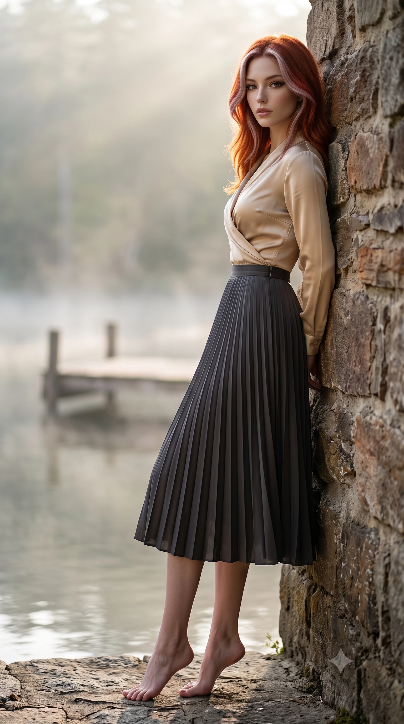 score_9, masterpiece, best quality, ultra-detailed, high-budget anime keyframe, editorial fashion photography, tasteful artistic composition, Caucasian woman woman. low angle full-body shot from head to toe showing her feet, filling the entire 9:16 vertical frame with her statuesque presence, stretching her vertical silhouette. leaning back against a rustic stone wall, casting a slow, alluring gaze at the camera the background shows a soft-focus a wooden dock on a calm forest lake shrouded in soft morning mist. She has an absolutely perfect, statuesque 8.5-heads proportion, an exceptionally tall and slender model-like female figure with impossibly long slender legs and an ultra-slim waist. sharp v-shaped jawline, high-bridge nose, intricate jewel-like eyes with depth, thick eyelashes, glossy lips with a natural sheen. wearing a form-contouring sophisticated silk wrap blouse in champagne gold, tucked into a pleated charcoal midi skirt. soft morning sunrays breaking through the lake fog, creating a dreamy glow. 2k, ultra detail, master piece, 9:16 ratio