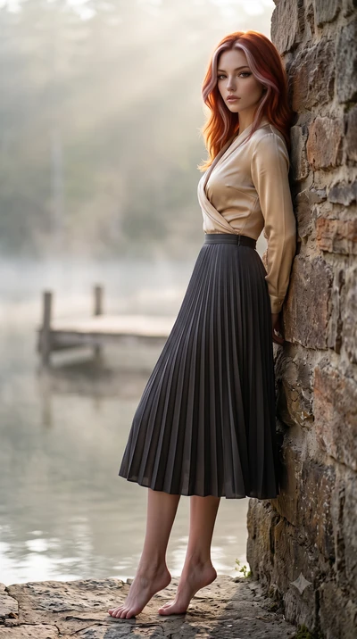 score_9, masterpiece, best quality, ultra-detailed, high-budget anime keyframe, editorial fashion photography, tasteful artistic composition, Caucasian woman woman. low angle full-body shot from head to toe showing her feet, filling the entire 9:16 v