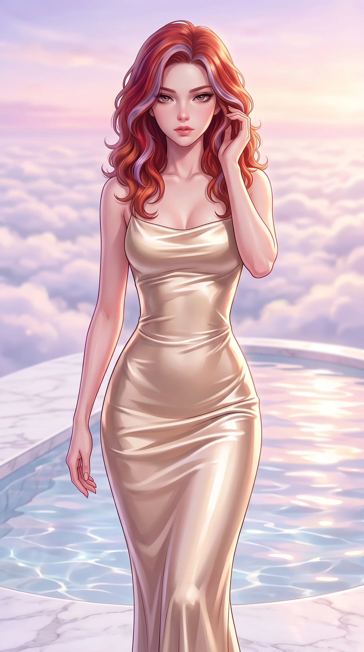 score_9, masterpiece, best quality, ultra-detailed, high-budget anime keyframe, editorial fashion photography, tasteful artistic composition, Caucasian woman woman. close-up cowboy shot from the waist and thighs up, the character dominates the composition, filling the frame with her large presence, background elements kept in soft focus. She has an exceptionally elegant, slender, and willowy female figure with an ultra-slim waist, a gracefully sculpted slender torso, and a refined silhouette. casting a slow, direct gaze beneath heavy lashes with magnetic intensity, flawlessly proportioned anatomical accuracy, natural body alignment, perfectly sculpted elegant limbs, clean dynamic posture without body distortion. set against a soft-focus background of a white marble terrace pool above a sea of clouds. wearing a sculpted champagne satin bodycon gown following her slender silhouette like liquid metal. bathed in soft pastel dawn light reflecting off clear water onto her refined features. highly saturated vibrant anime colors, detailed shading with soft gradients, rich glossy textures, high-contrast stereoscopic depth, volumetric dynamic lighting, master piece, 9:16 ratio