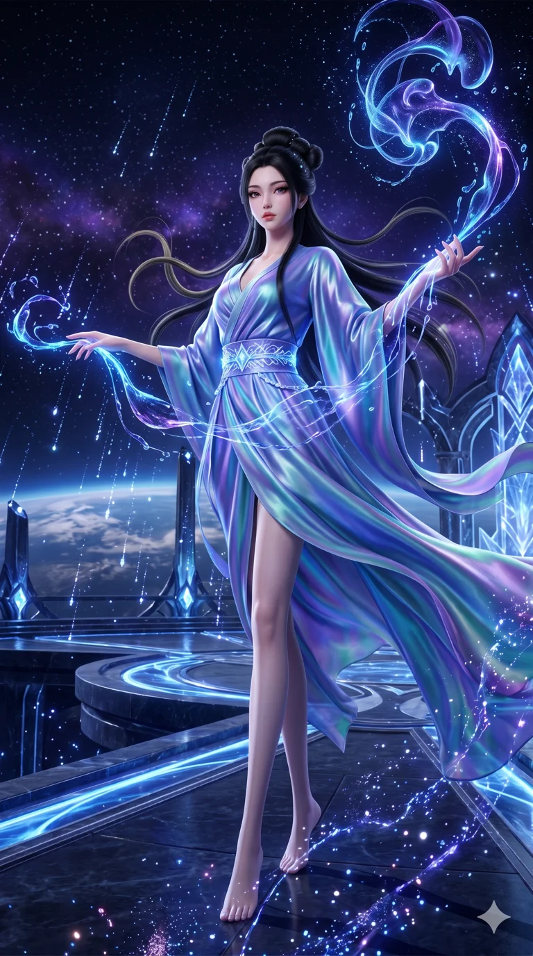 score_9, masterpiece, best quality, ultra-detailed, Semi-realistic 3D Game Render, high-fidelity character model, intricate textures, dynamic particle effects, Unreal Engine 5 aesthetic, crisp 3D depth, Japanese woman with delicate and elegant anime-inspired features. Dynamic full-body shot stretching the vertical silhouette, capturing her from a powerful low-angle perspective. Orchestrating a symphony of liquid light that flows from her fingertips like ink in water. She has an absolutely perfect 8-heads proportion, an exceptionally tall and slender female figure with impossibly long slender legs and an ultra-slim waist, her statuesque height and towering silhouette dominating the vertical 9:16 frame. Her face is a masterpiece featuring a sharp v-shaped jawline, high-bridge nose, intricate jewel-like eyes with depth, thick eyelashes, and glossy lips with a natural sheen. She is wearing a Iridescent silk wrap-dress that flows like water, secured by a glowing crystalline belt. The scene is set in a celestial terrace overlooking a planet where it rains liquid diamonds. 2k, ultra detail, master piece, 9:16 ratio