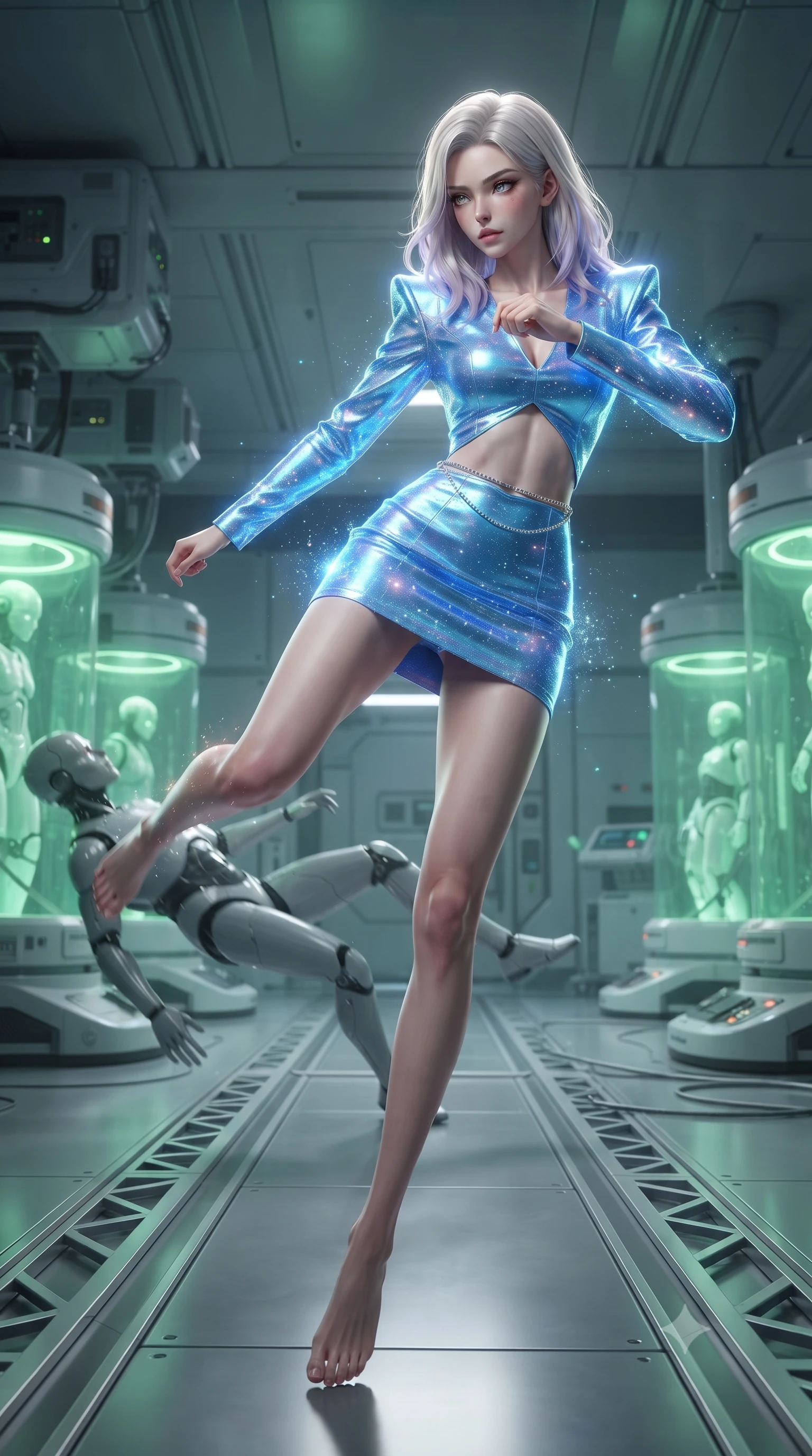 score_9, masterpiece, best quality, ultra-detailed, high-budget anime keyframe, editorial fashion photography, tasteful artistic composition, realistic cosplay photography, Caucasian woman, strictly human ears. low angle full-body shot from head to toe showing her feet, filling the entire 9:16 vertical frame with her statuesque presence, stretching her vertical silhouette. executing a lightning-fast low sweep kick to knock down a security android on a metal catwalk within a clinical laboratory with recovery pods glowing with soft green bio-reconstruction light. She has a statuesque 8.5-heads proportion, an exceptionally tall, slender and willowy model-like build with impossibly long legs and a highly sculpted ultra-slim waist. sharp v-shaped jawline, high-bridge nose, intricate jewel-like eyes with depth, thick eyelashes, glossy lips with a natural sheen. wearing catching and diffusing the glowing particles, shimmering softly in response to the surrounding light, a tailored holographic mini dress in electric blue, featuring structured shoulder pads, an exposed midriff, and a silver waist chain. gentle green healing light casting soft highlights on clean metal frames. ultra-reflective glossy finish, specular highlights, metallic sheen, high-contrast stereoscopic depth, volumetric dynamic lighting, 2k, ultra detail, master piece, 9:16 ratio