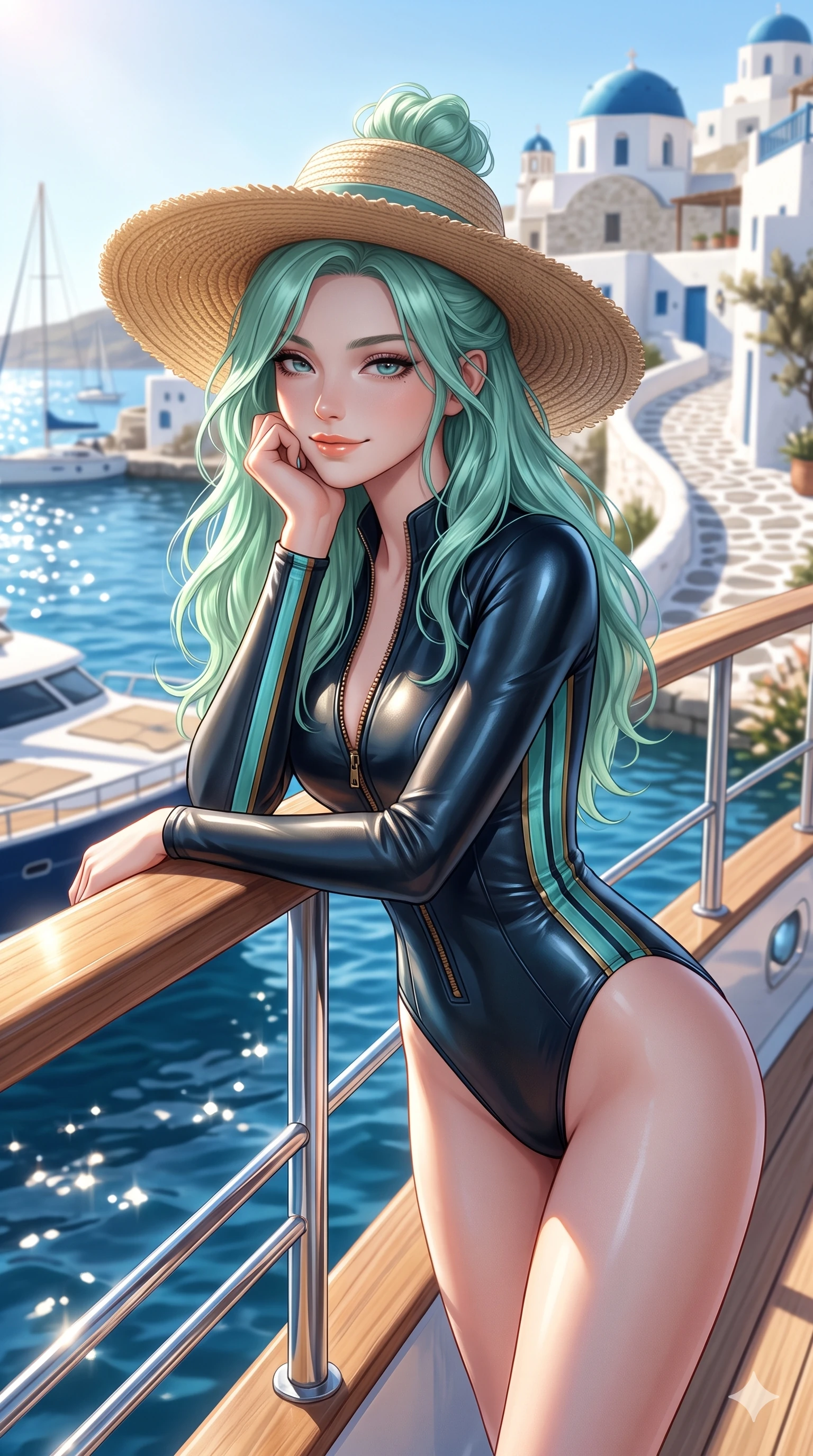 score_9, masterpiece, best quality, ultra-detailed, high-budget anime keyframe, semi-realistic 3D game render, editorial fashion photography, tasteful artistic composition, Japanese woman. close-up cowboy shot from the waist and thighs up, the character dominates the composition, filling the frame with her large presence. resting one elbow on the yacht railing and supporting her chin, leaning close to the camera with heavy-lidded sparkling eyes and parted lips while walking slowly down the whitewashed cobblestone path with hypnotic grace, hips swaying in an alluring sensual rhythm that accentuates her curvy hourglass silhouette. The surrounding environment is rendered in vivid detail and crisp panoramic clarity: detailed plunging zip rashguard cling, glossy lip sheen, and classic Cycladic architecture in razor-sharp precision. She has an exceptionally elegant, slender, and willowy female figure with an ultra-slim waist, flat toned midriff, narrow ribcage, and sculpted feminine hips creating an alluring, slim hourglass silhouette without bulk. sharp v-shaped jawline, high-bridge nose, sparkling eyes with hypnotic seductive depth, thick curled eyelashes, glossy parted lips with a natural dewy peach sheen, alluring bedroom-eyes with an enchanting coquettish smile, exuding magnetic siren charisma and sophisticated glamour, flawlessly proportioned anatomical accuracy, strict slender model proportions, natural body alignment, perfectly sculpted long slender limbs, ultra-slim waistline, clean dynamic posture without body distortion. wearing a form-contouring wet-look neoprene zip-front surfing bodysuit with high-cut leg openings and racing side stripes in turquoise patina and burnished vintage brass, woven from buttery-soft stretch lambskin leather adhering to her body like a second skin, finished with a wide-brimmed woven straw sunhat tipped back to frame her face and long glossy hair, the impeccably tailored cut draping gracefully along her slender figure with aristocratic resort poise. illuminated by whitewashed wall bounce and sharp cobalt-gold rim lights defining her razor-sharp jawline, narrow waist, and curvy hips. highly saturated vibrant anime colors, detailed shading with soft gradients, rich glossy textures, high-contrast stereoscopic depth, volumetric dynamic lighting, master piece, 9:16 ratio