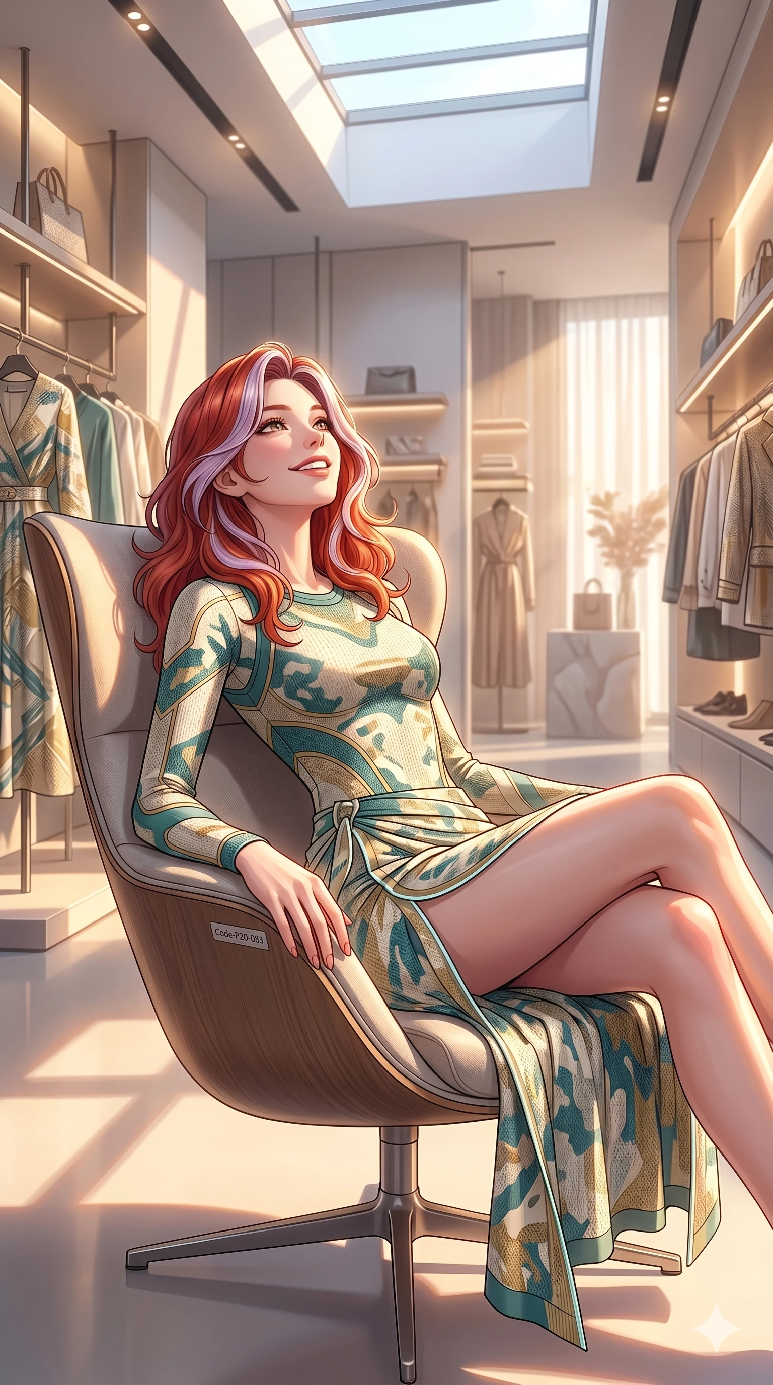 score_9, masterpiece, best quality, ultra-detailed, high-budget anime keyframe, vibrant anime aesthetic, Caucasian woman, strictly human ears. cowboy shot from the thighs up, character and outfit filling the frame for maximum presence. She is leaning back on a lounge chair with a delightful smile, looking up happily standing in a modern high-fashion boutique in the sun (Code-P20-083). She has an absolutely perfect 8-heads proportion, an exceptionally tall and slender female figure with impossibly long slender legs and an ultra-slim waist. V-shaped jawline, high-bridge nose, intricate jewel-like eyes with depth, thick eyelashes, glossy lips with a natural sheen. wearing a bodycon leotard with a high-slit wrap skirt in active-knit. She is bathed in soft, radiant golden hour sun casting long, elegant shadows around her. 2k, ultra detail, master piece, 9:16 ratio
