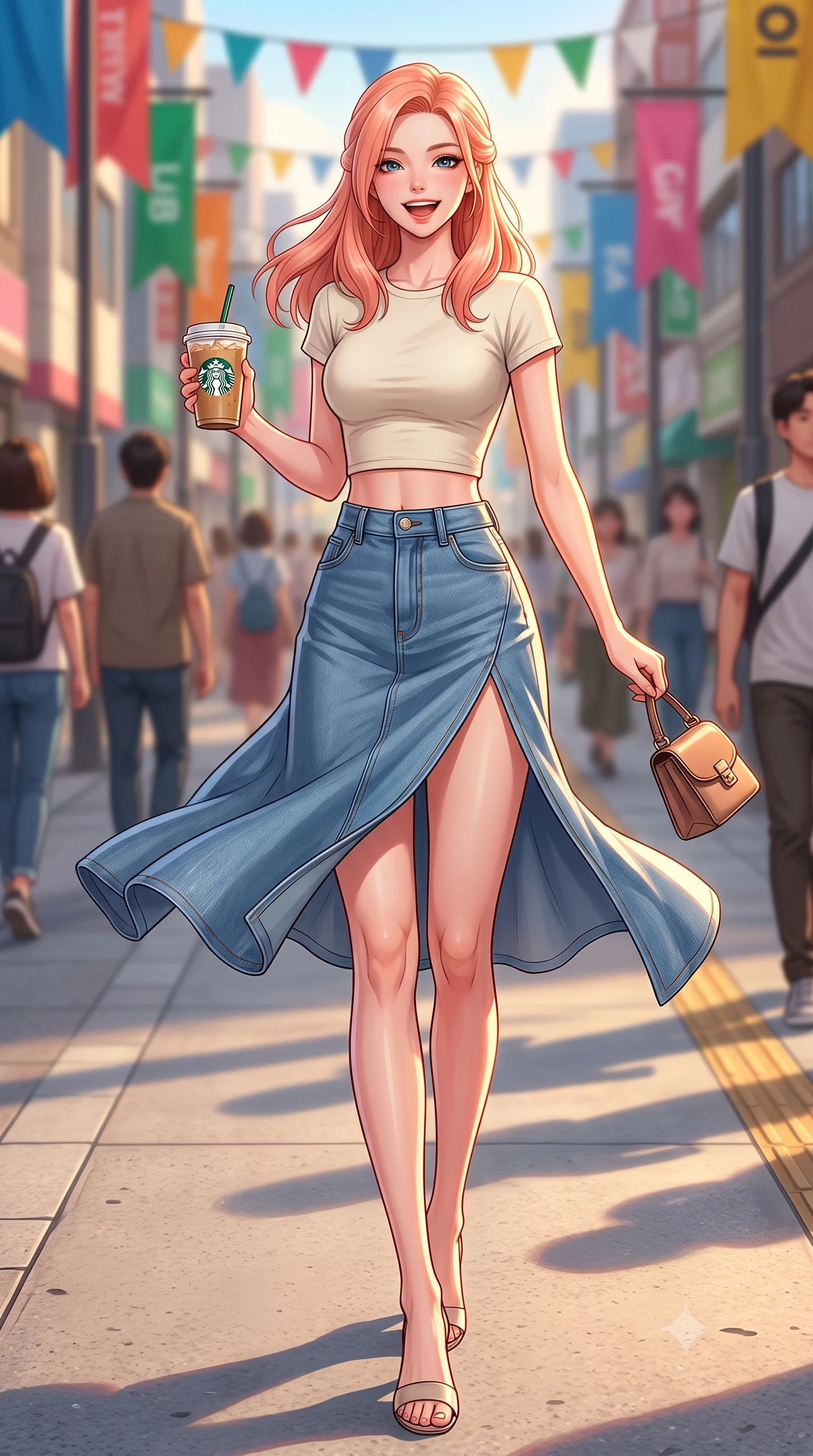 score_9, masterpiece, best quality, ultra-detailed, high-budget anime keyframe, editorial fashion photography, tasteful artistic composition, Japanese woman. low angle full-body shot from head to toe showing her feet, filling the entire 9:16 vertical frame with her statuesque presence, stretching her vertical silhouette. twirling around with a playful, cute laugh, her skirt billowing beautifully in the air set against a soft-focus background of walking down a pedestrian shopping boulevard with colorful flags overhead holding a trendy paper cup of iced coffee and a small leather purse. She has an absolutely perfect, statuesque 8.5-heads proportion, an exceptionally tall and slender model-like female figure with impossibly long slender legs and an ultra-slim waist. sharp v-shaped jawline, high-bridge nose, intricate jewel-like eyes with depth, thick eyelashes, glossy lips with a natural sheen. wearing tailored modern crop top tee in cream, paired with a high-slit denim midi skirt. golden hour sunset light casting long shadow lines on the concrete pavement. highly saturated vibrant anime colors, detailed shading with soft gradients, rich glossy textures, high-contrast stereoscopic depth, volumetric dynamic lighting, master piece, 9:16 ratio