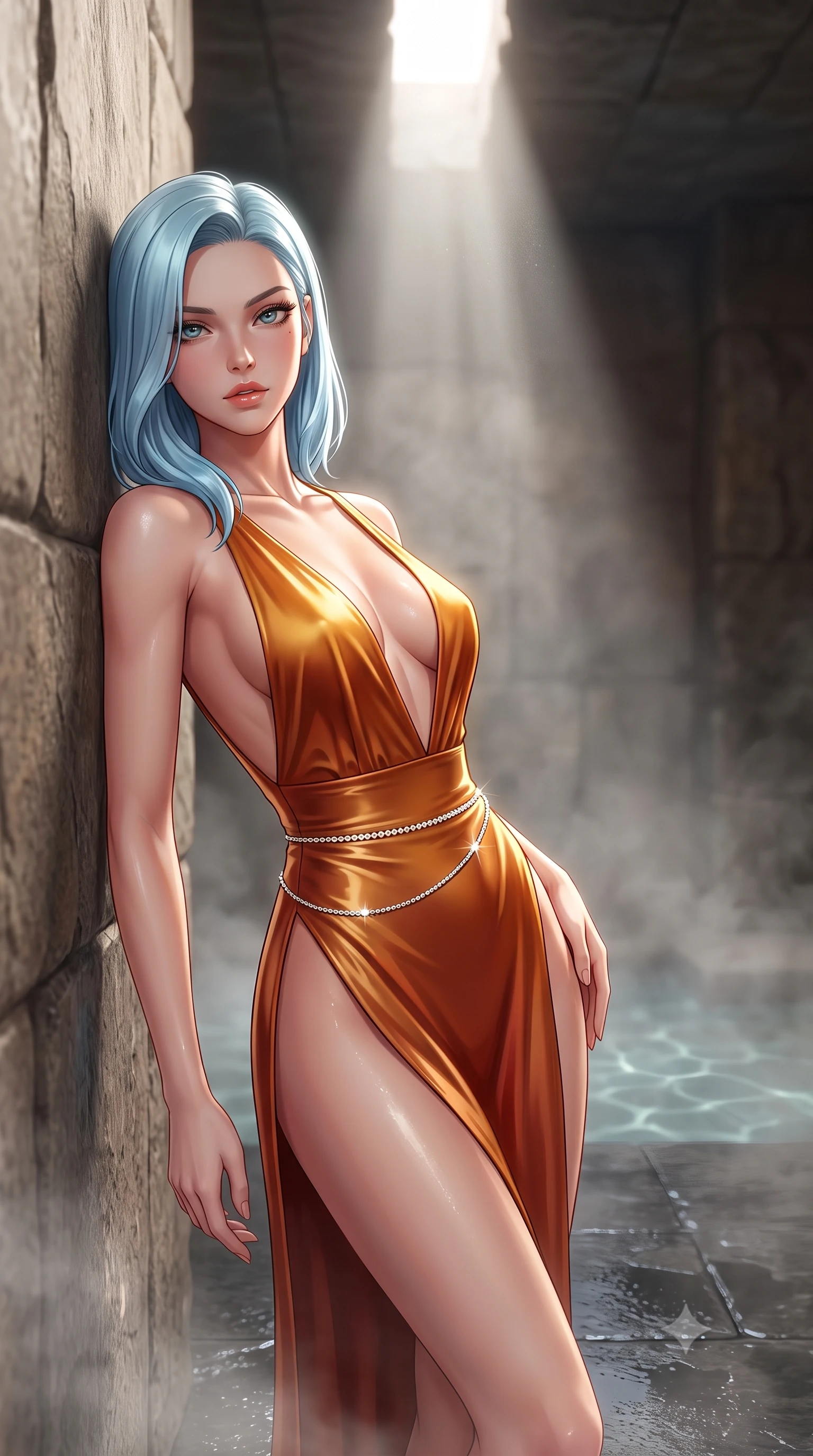 score_9, masterpiece, best quality, ultra-detailed, high-budget anime keyframe, semi-realistic 3D game render, editorial fashion photography, tasteful artistic composition, Korean woman. close-up cowboy shot from the waist and thighs up, the character dominates the composition, filling the frame with her large presence. leaning back with relaxed seductive grace, her sculpted collarbones and narrow waist highlighted as she casts smoldering bedroom-eyes directly into the camera while standing poised on the wet quartzite floor beside a narrow ceiling light slit, turning in an alluring silhouette as dramatic sunlight cuts through steam. The composition keeps background elements in soft focus with creamy bokeh. submerged water caustics and monolithic stone wall textures softened in monumental minimalist shallow focus. She has an exceptionally elegant, slender, and willowy female figure with an ultra-slim waist, flat toned midriff, narrow ribcage, and sculpted feminine hips creating an alluring, slim hourglass silhouette without bulk. sharp v-shaped jawline, high-bridge nose, intricate jewel-like eyes with depth, thick eyelashes, glossy parted lips with a natural sheen, intensely captivating and seductive bedroom-eyes expression, flawlessly proportioned anatomical accuracy, strict slender model proportions, natural body alignment, perfectly sculpted long slender limbs, ultra-slim waistline, clean dynamic posture without body distortion. wearing a plunging-V neckline duchess satin gown with high side slits ascending to the high hip in molten desert gold and burnt terracotta, tailored from second-skin aerodynamic stretch vinyl with specular wet sheen, accented with a dainty diamond waist chain catching the ambient light reflections, the second-skin form-contouring cut accentuating her sculpted flat midriff, narrow delicate ribcage, and gracefully curvy hips with supermodel precision. bathed in dramatic narrow directional light beams cutting through ceiling fissures into the steaming stone chamber. highly saturated vibrant anime colors, detailed shading with soft gradients, rich glossy textures, high-contrast stereoscopic depth, volumetric dynamic lighting, master piece, 9:16 ratio