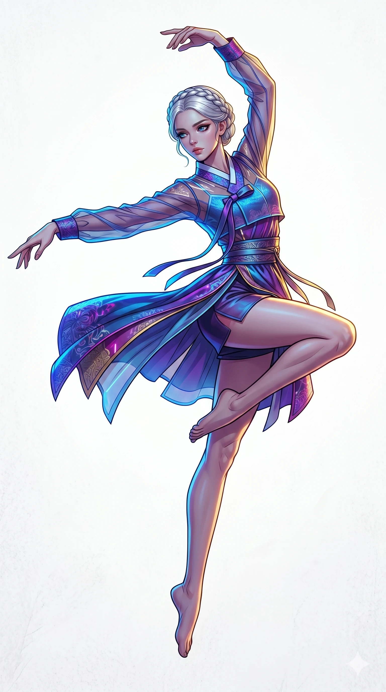 score_9, masterpiece, best quality, ultra-detailed, high-budget anime movie keyframe, cinematic anime lighting, intricate line art, Caucasian (strictly human ears) woman. Mid-air action shot capturing a graceful twist and vertical silhouette. performing a contemporary dance in a minimalist white void. She has an absolutely perfect 8-heads proportion, an exceptionally tall and slender female figure with an ultra-slim waist and impossibly long slender legs. strictly human anatomy, two legs only, no extra limbs, clearly defined legs and arms, perfect anatomy, perfect hands and fingers. sharp v-shaped jawline, high-bridge nose, intricate jewel-like eyes, thick eyelashes, glossy lips. Wearing Modern Traditional: Shortened cyber-hanbok with fusion silk robes and transparent panels. The scene is illuminated by dramatic atmospheric lighting and vibrant color palettes. , 2k, ultra detail, master piece, 9:16 ratio