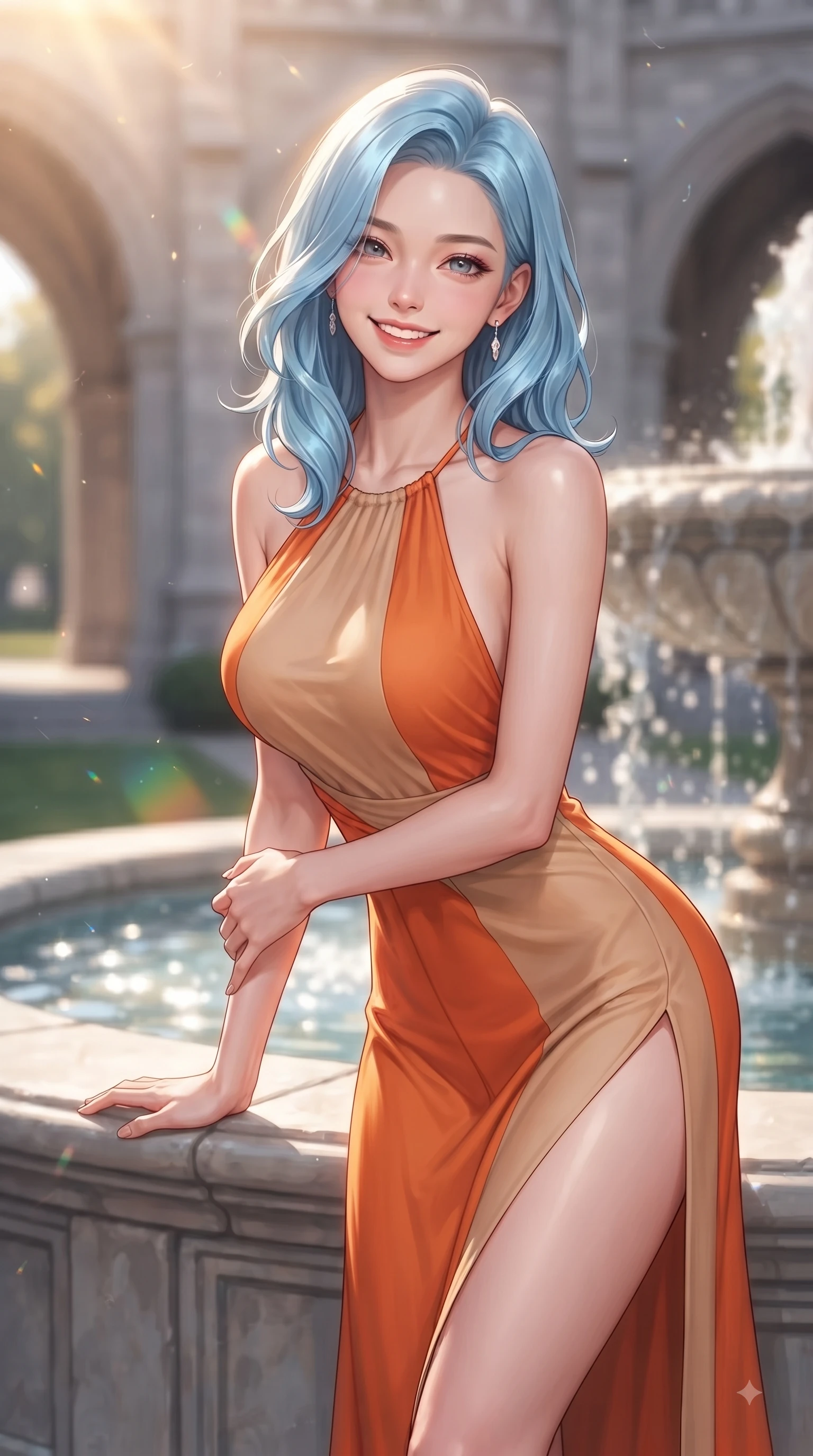 score_9, masterpiece, best quality, ultra-detailed, high-budget anime keyframe, editorial fashion photography, tasteful artistic composition, Korean woman. close-up cowboy shot from the waist and thighs up, the character dominates the composition, filling the frame with her large presence. Cheerful beaming smile with sparkling eyes and a fresh girlhood aura, leaning forward with playful grace while resting near a grand campus stone fountain with a sweet, radiant expression in her eyes. The composition keeps background elements in soft focus with dreamy bokeh. gothic campus arches and sparkling fountain water softened in gentle shallow focus. She has an exceptionally elegant, slender, and willowy female figure with an ultra-slim waist, a gracefully sculpted slender torso, and a refined silhouette. sharp v-shaped jawline, high-bridge nose, intricate jewel-like eyes with depth, thick eyelashes, glossy lips with a natural sheen, flawlessly proportioned anatomical accuracy, natural body alignment, perfectly sculpted elegant limbs, clean dynamic posture without body distortion. wearing a delicate silk halter-neck dress following her curves gracefully in bright burnt orange and warm beige, crafted from lightweight fluid chiffon, featuring a sleek side leg slit ascending to mid-thigh, the sleek second-skin texture accentuating her magnetic presence. illuminated by warm golden sunbursts and bright clear sky refractions. ultra-reflective glossy finish, specular highlights, metallic sheen, high-contrast stereoscopic depth, volumetric dynamic lighting, 2k, ultra detail, master piece, 9:16 ratio