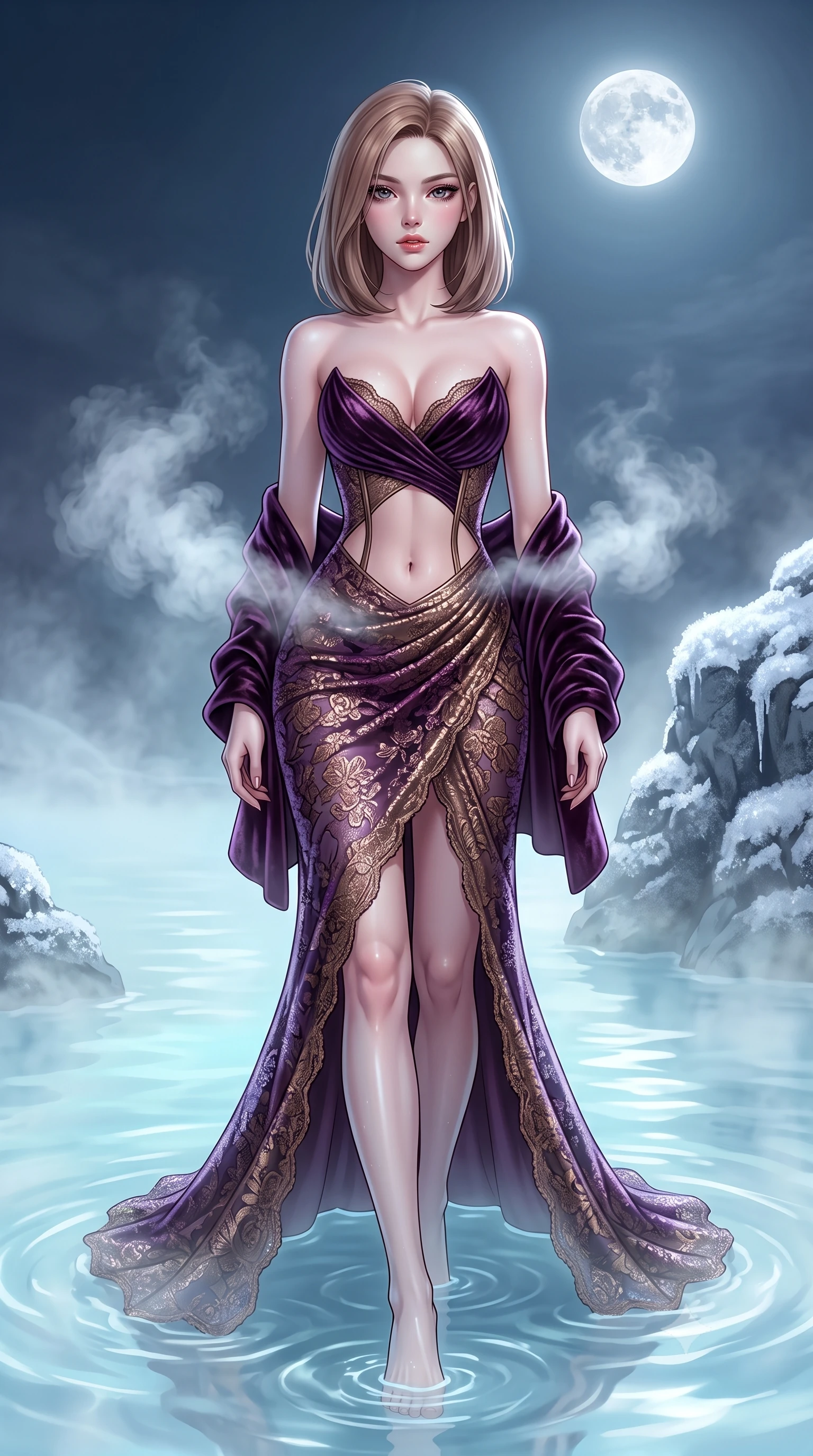score_9, masterpiece, best quality, ultra-detailed, high-budget anime keyframe, semi-realistic 3D game render, editorial fashion photography, tasteful artistic composition, Korean woman. low angle full-body shot from head to toe showing her feet, filling the entire 9:16 vertical frame with her statuesque presence, stretching her vertical silhouette. striding forward in a proud supermodel runway stride, hips swaying in an alluring kinetic rhythm that accentuates her curvy hourglass silhouette while wading through the milky-blue thermal mineral water beneath the full moon, arching her spine in pure pleasure as steam curls around her waist. The surrounding environment is rendered in vivid detail and crisp panoramic clarity. detailed silica mineral water ripples, wet fabric sheen, and frosty snow crystals in high resolution. She has an exceptionally tall and slender model-like 8.5-heads proportion, an ultra-slim waist, a flat toned midriff, narrow delicate ribcage, and beautifully sculpted feminine hips creating a graceful, slim hourglass silhouette without any bulky heaviness, with impossibly long slender legs. sharp v-shaped jawline, high-bridge nose, intricate jewel-like eyes with depth, thick eyelashes, glossy parted lips with a natural sheen, intensely captivating and seductive bedroom-eyes expression, flawlessly proportioned anatomical accuracy, strict slender model proportions, natural body alignment, perfectly sculpted long slender limbs, ultra-slim waistline, clean dynamic posture without body distortion. wearing a deep sweetheart neckline crushed velvet corseted ballgown with an exposed midriff cutout in deep plum violet and antique bronze, formed from shimmering floral lace over smooth opaque silk lining, complemented by a plush velvet shawl draped loosely over her elbows, the form-contouring material adhering flawlessly to her sculpted flat midriff and slender torso, emphasizing her long leg lines and perfectly proportioned willowy build. bathed in soft underwater milky-cyan LED lagoon illumination and cool silver full-moon light from above. highly saturated vibrant anime colors, detailed shading with soft gradients, rich glossy textures, high-contrast stereoscopic depth, volumetric dynamic lighting, master piece, 9:16 ratio