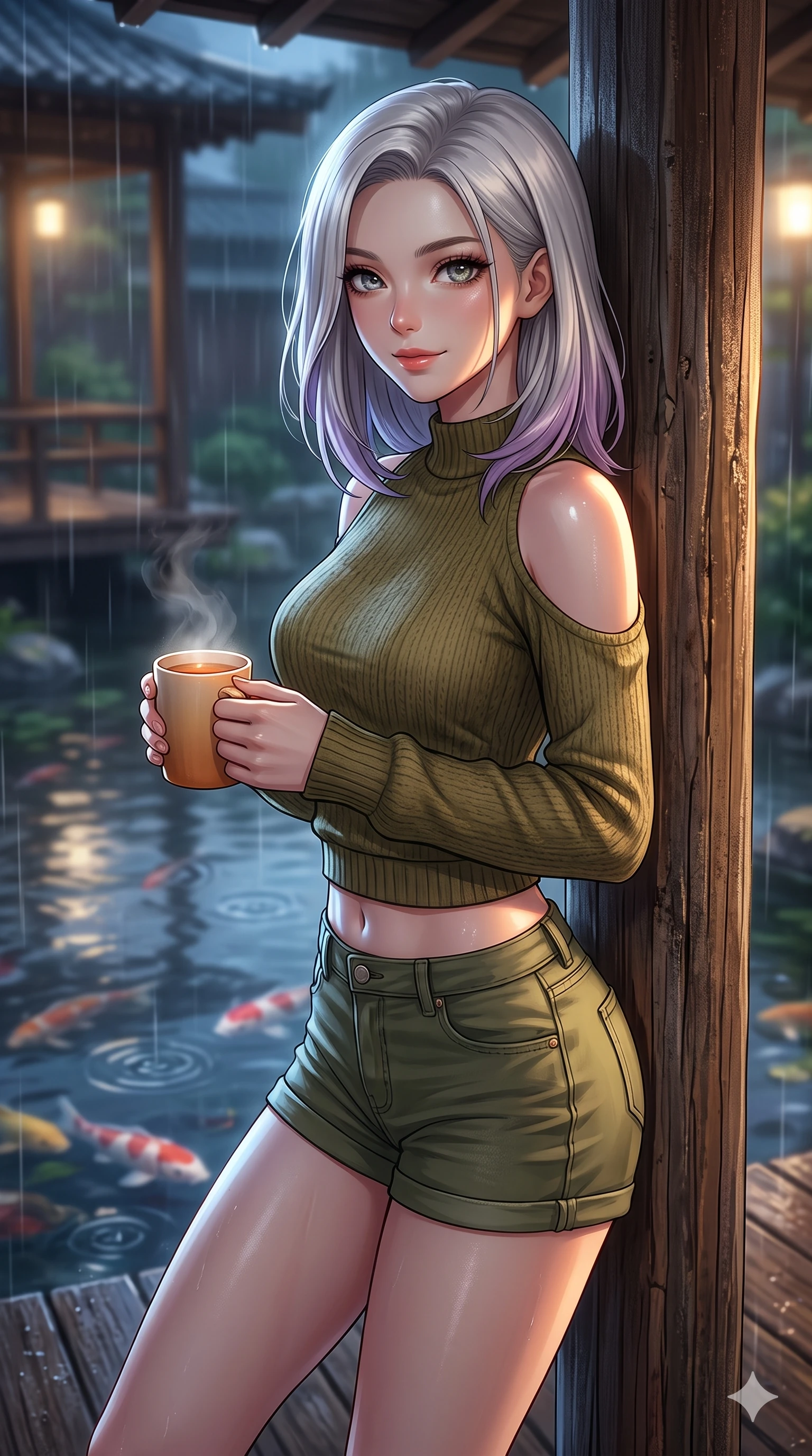 score_9, masterpiece, best quality, ultra-detailed, high-budget anime keyframe, vibrant anime aesthetic, Caucasian woman, strictly human ears. close-up cowboy shot from the waist and thighs up, the character dominates the composition, filling the frame with her large presence, background elements kept in soft focus. She is holding a warm mug of tea, looking at the camera with a gentle smile, looking over her shoulder at the camera leaning against a rustic wooden column. the background shows a soft-focus wooden veranda of a traditional garden pavilion, watching rain ripples in a large koi pond (Code-P22-115). She has an absolutely perfect proportion, an exceptionally elegant and slender female figure with an ultra-slim waist. V-shaped jawline, high-bridge nose, intricate jewel-like eyes with depth, thick eyelashes, glossy lips with a natural sheen. wearing a cold-shoulder knit top with a cropped waistline and denim shorts in olive green. She is lit by dramatic, high-contrast streetlights casting long shadows in the rain, adding depth to her jewel-like eyes during the twilight rain. 2k, ultra detail, master piece, 9:16 ratio