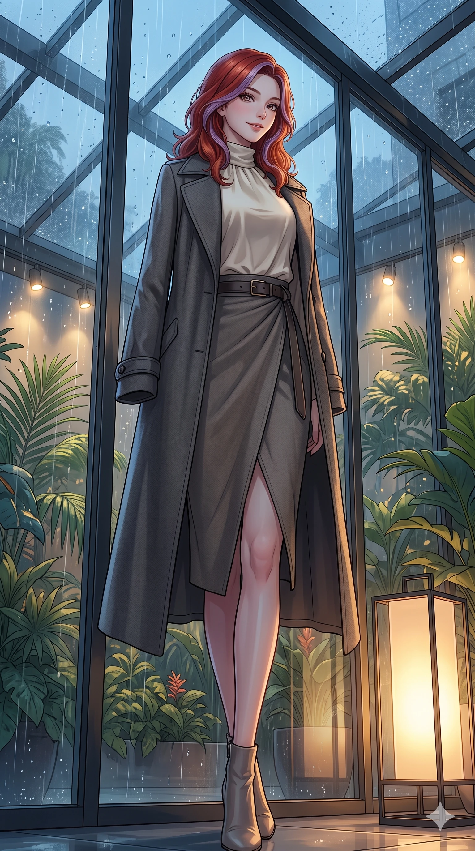 score_9, masterpiece, best quality, ultra-detailed, high-budget anime keyframe, vibrant anime aesthetic, Caucasian woman, strictly human ears. low angle full-body shot from head to toe showing her feet, filling the entire 9:16 vertical frame with her statuesque presence, stretching her vertical silhouette. She is posing near glass greenhouse panels, smiling delightfully over her shoulder, gazing softly at the camera lens with a gentle tilt of her head. inside a modern glass atrium of a hotel lobby filled with tropical plants and warm spotlights, looking at a rain shower (Code-P22-018). She has an absolutely perfect 8-heads proportion, an exceptionally tall and slender female figure with impossibly long slender legs and an ultra-slim waist. V-shaped jawline, high-bridge nose, intricate jewel-like eyes with depth, thick eyelashes, glossy lips with a natural sheen. wearing a long wool coat over a chic blouse and a matching wrap skirt with an elegant leather belt. She is bathed in soft twilight glow mixed with warm lantern lights, highlighting her V-shaped jawline in the rainy afternoon. 2k, ultra detail, master piece, 9:16 ratio