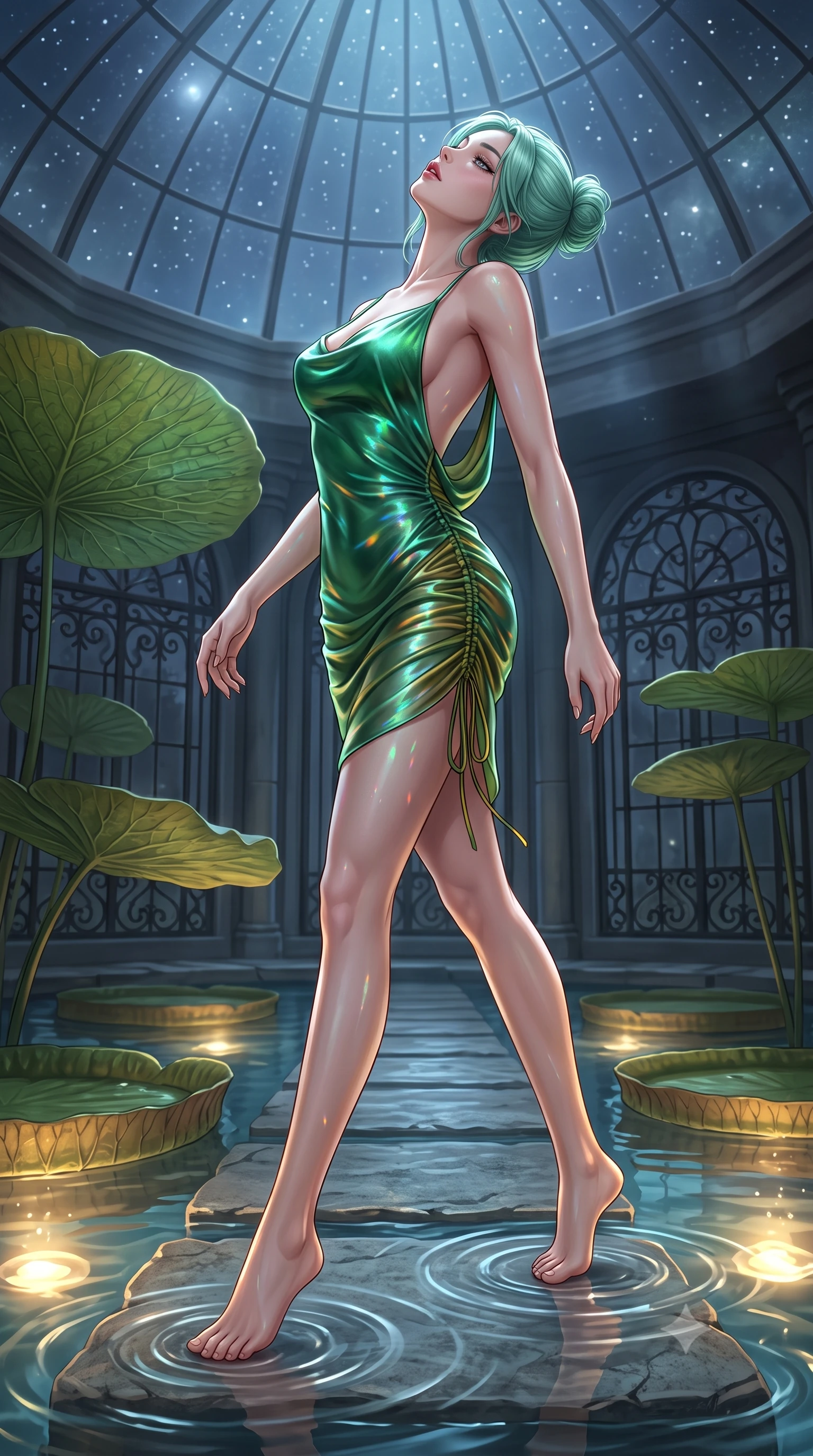 score_9, masterpiece, best quality, ultra-detailed, high-budget anime keyframe, semi-realistic 3D game render, editorial fashion photography, tasteful artistic composition, Japanese woman. low angle full-body shot from head to toe showing her feet, filling the entire 9:16 vertical frame with her statuesque presence, stretching her vertical silhouette. striding forward in a proud supermodel runway stride, hips swaying in an alluring kinetic rhythm that accentuates her curvy hourglass silhouette while resting on a submerged stone bench as warm water laps at her waist, head tilted back toward the starry glass dome with parted lips. The surrounding environment is rendered in vivid detail and crisp panoramic clarity. sharp water surface tension rings, giant lily pad vein textures, and wrought-iron window frames in deep focus. She has an absolutely perfect, statuesque 8.5-heads proportion, an exceptionally tall and slender model-like female figure with impossibly long slender legs, a toned flat midriff, an ultra-slim waist, and beautifully sculpted feminine hips. sharp v-shaped jawline, high-bridge nose, intricate jewel-like eyes with depth, thick eyelashes, glossy parted lips with a natural sheen, intensely captivating and seductive bedroom-eyes expression, flawlessly proportioned anatomical accuracy, strict slender model proportions, natural body alignment, perfectly sculpted long slender limbs, ultra-slim waistline, clean dynamic posture without body distortion. wearing a wet-look emerald silk slip dress with an ultra-deep cowl back and hip-defining side ruching in olive leaf green and bright solar yellow, crafted from weightless prism organza that refracts light with every motion, finished with a dramatic open back secured by golden vine clasps, the liquid-tight tailored fabric clinging flawlessly to her narrow waist and rounded feminine hips, emphasizing every millimeter of her sculpted hourglass curves during movement. bathed in cool silver moonlight filtering through the glass dome and warm underwater pool uplights. highly saturated vibrant anime colors, detailed shading with soft gradients, rich glossy textures, high-contrast stereoscopic depth, volumetric dynamic lighting, master piece, 9:16 ratio