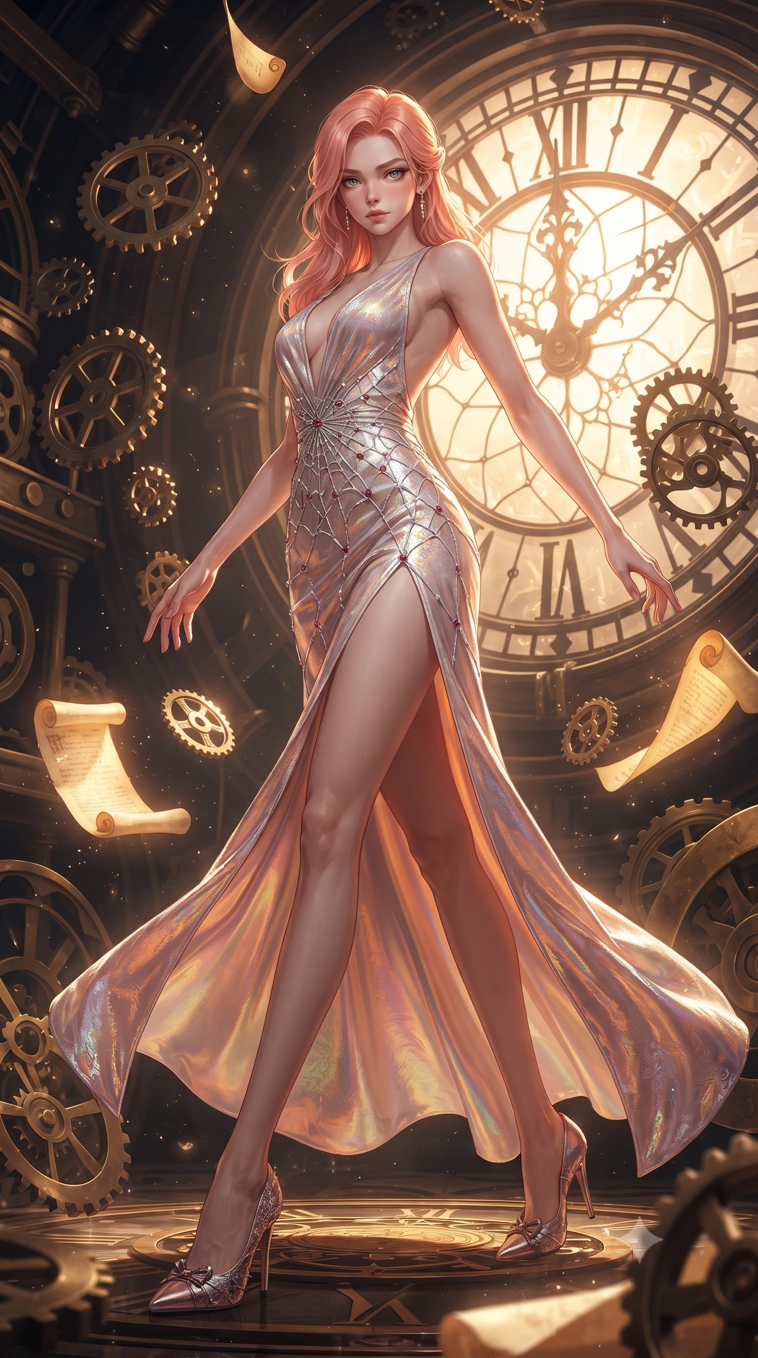 score_9, masterpiece, best quality, ultra-detailed, high-budget anime keyframe, editorial fashion photography, tasteful artistic composition, Japanese woman. low angle full-body shot from head to toe showing her feet, filling the entire 9:16 vertical frame with her statuesque presence, stretching her vertical silhouette. forging dynamically through the scene, her vertical silhouette beautifully stretched surrounded by floating antique brass gears and glowing golden parchment scrolls, dramatic twilight amber light streaming through the giant clock window. She has an absolutely perfect, statuesque 8.5-heads proportion, an exceptionally tall and slender model-like female figure with impossibly long slender legs and an ultra-slim waist. sharp v-shaped jawline, high-bridge nose, intricate jewel-like eyes with depth, thick eyelashes, glossy lips with a natural sheen. wearing a backless crushed velvet gown with a deep V-neckline and high thigh slit in pearl white and rose gold, crafted from iridescent chiffon that shifts colors in the light, finished with a sleek side slit ascending to mid-thigh, the elegant draped fit framing her graceful clavicle and slender torso. surrounded by warm hearth light and dramatic bronze rim highlights. ultra-reflective glossy finish, specular highlights, metallic sheen, high-contrast stereoscopic depth, volumetric dynamic lighting, 2k, ultra detail, master piece, 9:16 ratio