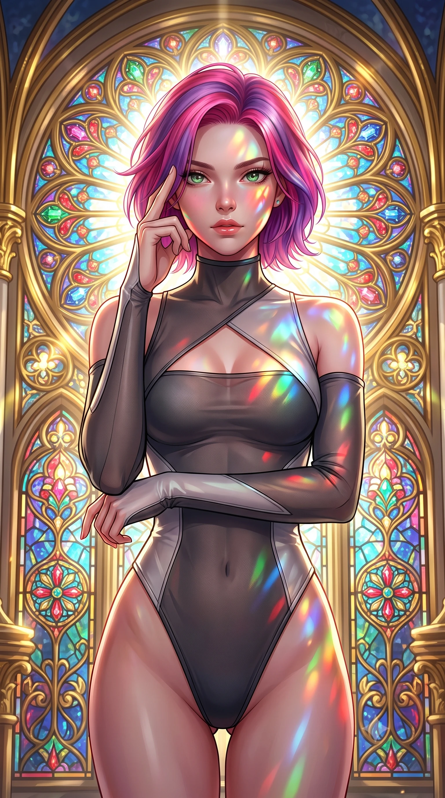 score_9, masterpiece, best quality, ultra-detailed, high-budget anime keyframe, editorial fashion photography, tasteful artistic composition, Caucasian woman. close-up cowboy shot from the waist and thighs up, the character dominates the composition, filling the frame with her large presence, background elements kept in soft focus. Pressing two fingers to her temple in a composed thoughtful gesture with an air of magnetic charisma standing before a monumental Art Nouveau stained glass rose window, golden filigree details on the architecture shining with brilliant luster. She has an exceptionally elegant, slender, and willowy female figure with an ultra-slim waist, a gracefully sculpted slender torso, and a refined silhouette. sharp v-shaped jawline, high-bridge nose, intricate jewel-like eyes with depth, thick eyelashes, glossy lips with a natural sheen. wearing an asymmetrical high-cut tech-bodysuit with detached sleeves in charcoal grey and platinum, woven from fine semi-opaque sheer organza, accented with a Tasteful chest slit framing her clavicle gracefully, the glove-like fit emphasizing her statuesque silhouette. lit by bright sunbursts creating vivid, saturated color projections. highly saturated vibrant anime colors, detailed shading with soft gradients, rich glossy textures, high-contrast stereoscopic depth, volumetric dynamic lighting, master piece, 9:16 ratio