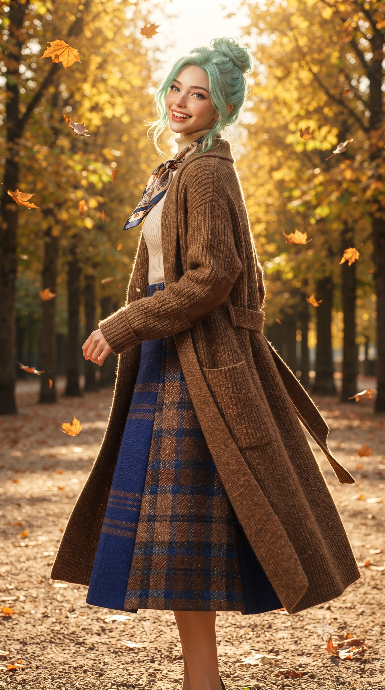 score_9, masterpiece, best quality, ultra-detailed, high-budget anime keyframe, editorial fashion photography, tasteful artistic composition, Japanese woman. low angle full-body shot from head to toe showing her feet, filling the entire 9:16 vertical frame with her statuesque presence, stretching her vertical silhouette. pausing along the promenade and turning back toward the camera with an infectious, delightful smile and perfect posture while strolling along the tree-lined gravel promenade surrounded by falling amber plane tree leaves, looking back with a joyful, beaming smile. The surrounding environment is rendered in vivid detail and crisp panoramic clarity: detailed equestrian wool blazer tailoring, leather elbow patch textures, and natural royal park foliage in high resolution. She has an exceptionally tall and slender model-like 8.5-heads proportion, an ultra-slim waist, a flat toned midriff, narrow delicate ribcage, and beautifully sculpted feminine hips creating a graceful, slim hourglass silhouette without any bulky heaviness, with impossibly long slender legs. sharp v-shaped jawline, high-bridge nose, intricate jewel-like sparkling eyes with depth, thick eyelashes, glossy parted lips with a natural peach sheen, bright cheerful beaming smile with an enchanting and coquettish sensual glint, exuding both youthful cute charm and seductive allure, flawlessly proportioned anatomical accuracy, strict slender model proportions, natural body alignment, perfectly sculpted long slender limbs, ultra-slim waistline, clean dynamic posture without body distortion. wearing a luxurious longline cashmere cardigan coat with a belted waist worn over an ivory turtleneck and wool midi skirt in royal sapphire blue and antique brushed bronze, tailored from heritage British Harris Tweed with rich multi-tonal yarn weave, finished with a printed silk twilly scarf knotted gracefully around her neck, the sharp shoulder tailoring and gently nipped waist framing her slender torso with pristine sartorial perfection. bathed in crisp low-angle late-afternoon autumn sunlight filtering through a shimmering golden leaf canopy. ultra-reflective glossy finish, specular highlights, rich textural contrasts, high-contrast stereoscopic depth, volumetric dynamic lighting, 2k, ultra detail, master piece, 9:16 ratio