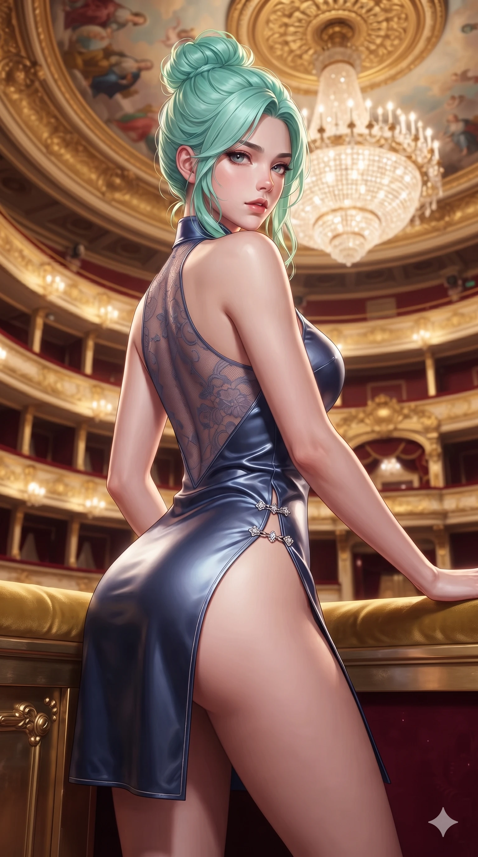 score_9, masterpiece, best quality, ultra-detailed, high-budget anime keyframe, semi-realistic 3D game render, editorial fashion photography, tasteful artistic composition, Japanese woman. close-up cowboy shot from the waist and thighs up, the character dominates the composition, filling the frame with her large presence. leaning back with relaxed seductive grace, her sculpted collarbones and narrow waist highlighted as she casts smoldering bedroom-eyes directly into the camera while stepping gracefully toward the box entrance, looking over a bare shoulder with an irresistible smoldering bedroom-gaze. The composition keeps background elements in soft focus with creamy bokeh: horseshoe tiers of gilded private boxes, illuminated frescoed ceiling dome, and massive central crystal chandelier blurred into gold, ivory, and scarlet bokeh. She has an exceptionally elegant, slender, and willowy female figure with an ultra-slim waist, flat toned midriff, narrow ribcage, and sculpted feminine hips creating an alluring, slim hourglass silhouette without bulk. sharp v-shaped jawline, high-bridge nose, intricate jewel-like eyes with depth, thick eyelashes, glossy parted lips with a natural sheen, intensely captivating and seductive bedroom-eyes expression, flawlessly proportioned anatomical accuracy, strict slender model proportions, natural body alignment, perfectly sculpted long slender limbs, ultra-slim waistline, clean dynamic posture without body distortion. wearing a modernized cyber-qipao mini dress with an ultra-high side slit ascending to the hip and sheer lace back in midnight sapphire and polished liquid silver, tailored from ultra-smooth duchess satin with a pearlescent sheen, finished with an ultra-high side slit secured by miniature jeweled clasps, the second-skin form-contouring cut accentuating her sculpted flat midriff, narrow delicate ribcage, and gracefully curvy hips with supermodel precision. illuminated by gilded wood reflection bounce and sharp starlight-gold rim lights defining her jawline, narrow waist, and curvy hips. highly saturated vibrant anime colors, detailed shading with soft gradients, rich glossy textures, high-contrast stereoscopic depth, volumetric dynamic lighting, master piece, 9:16 ratio